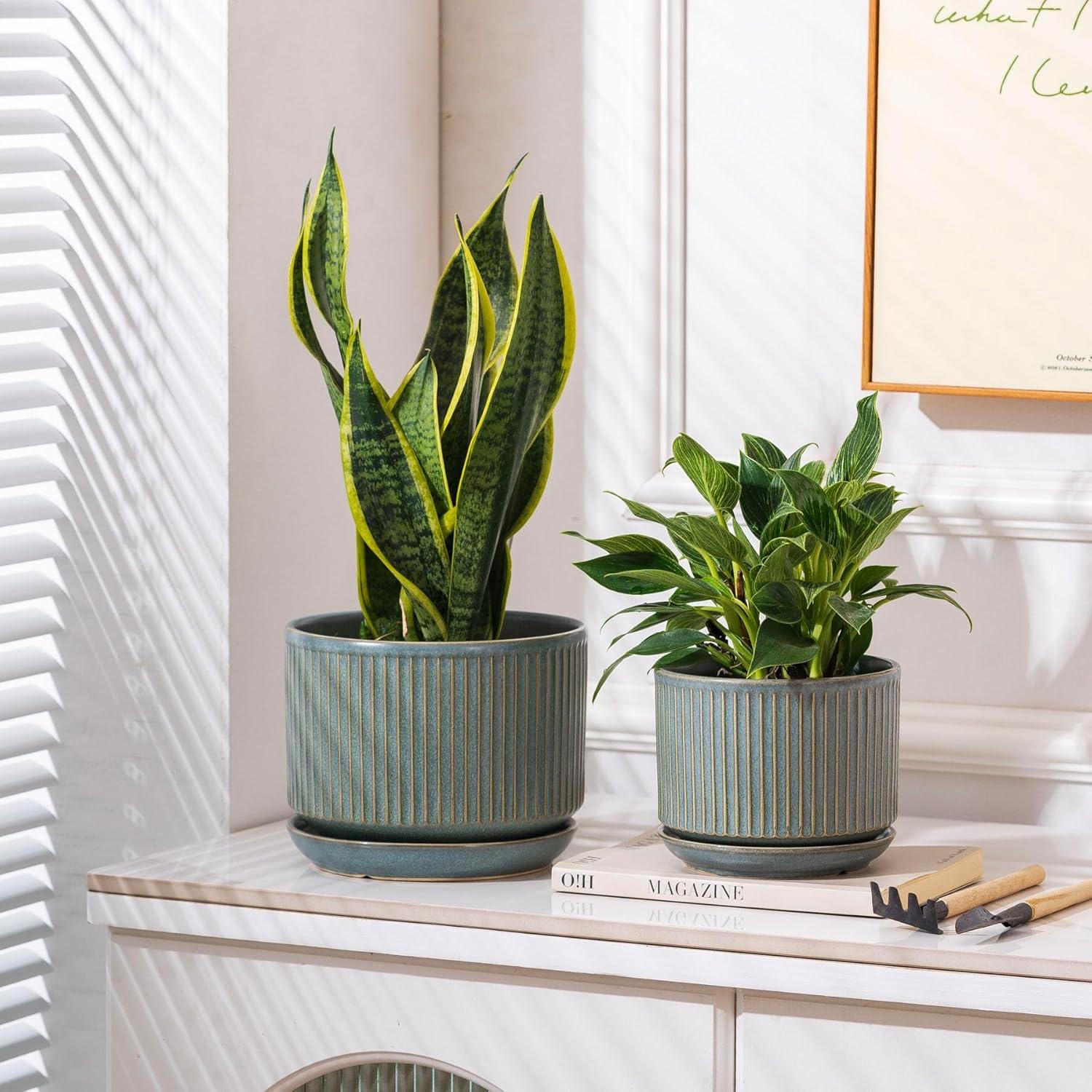 Juego de 3 Macetas de Cerámica Verde SURE YUESI con Drenaje