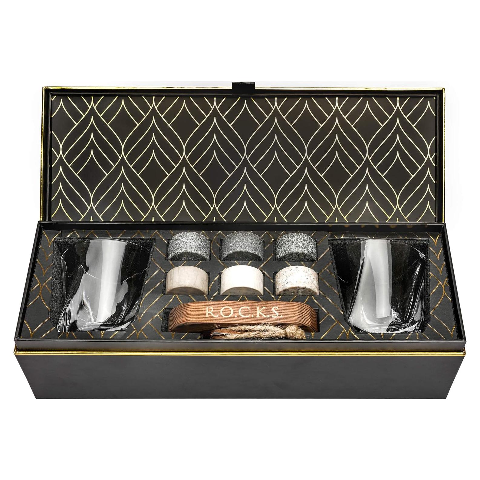 Juego de Piedras Enfriadoras de Whiskey R.O.C.K.S. - 6 Granito + 2 Copas