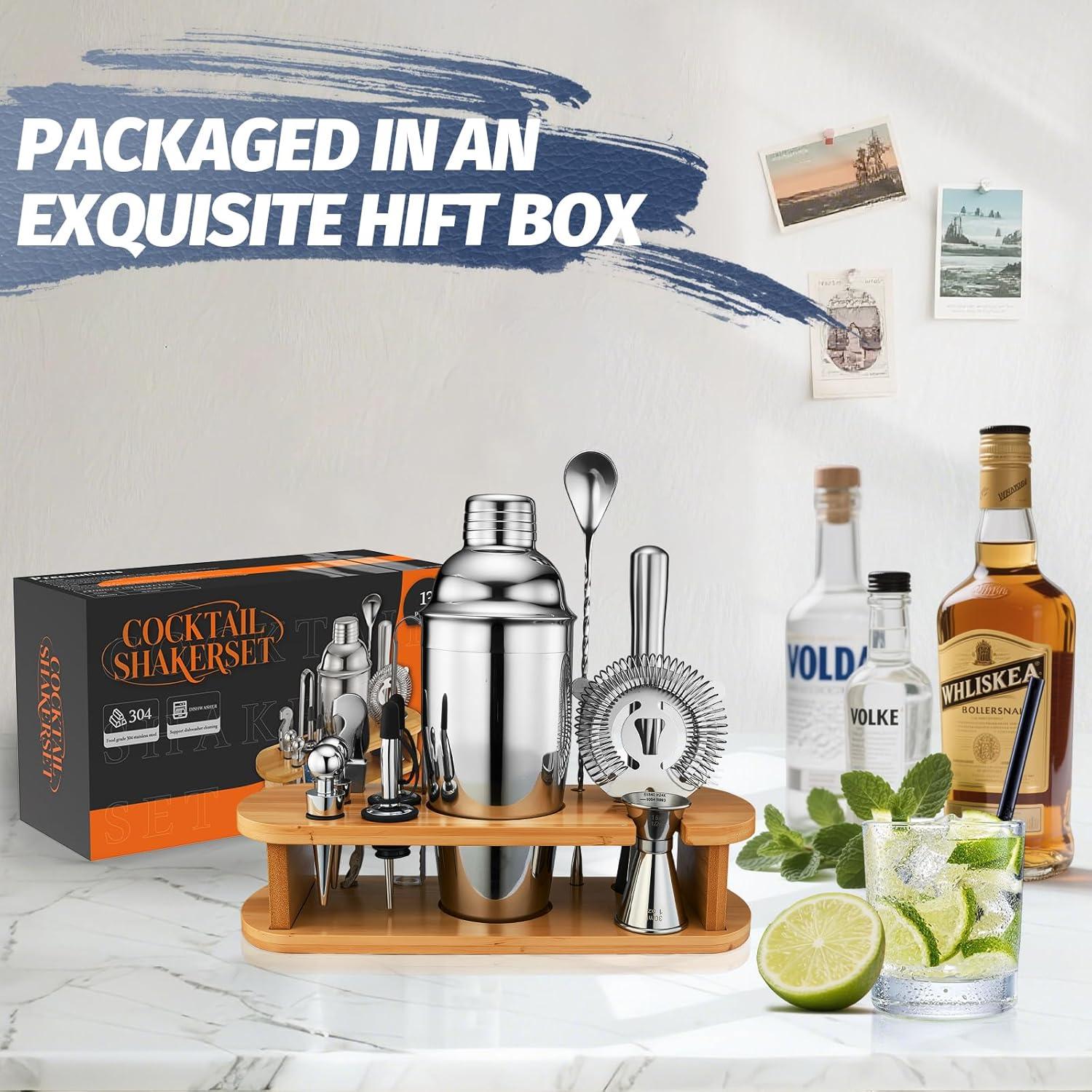 Juego de Shaker de Cócteles WOTTOR 13 Piezas con Soporte de Bambú