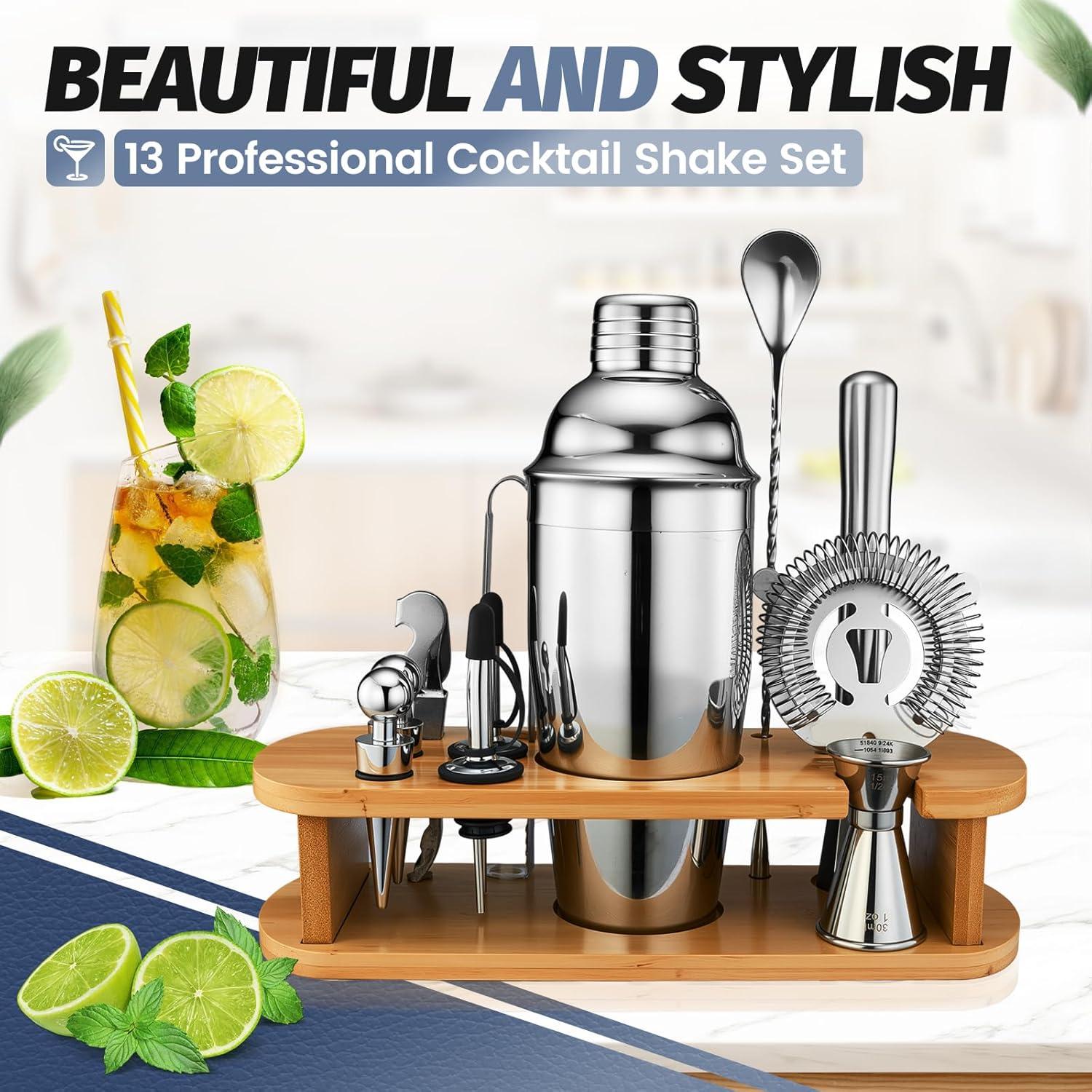 Juego de Shaker de Cócteles WOTTOR 13 Piezas con Soporte de Bambú