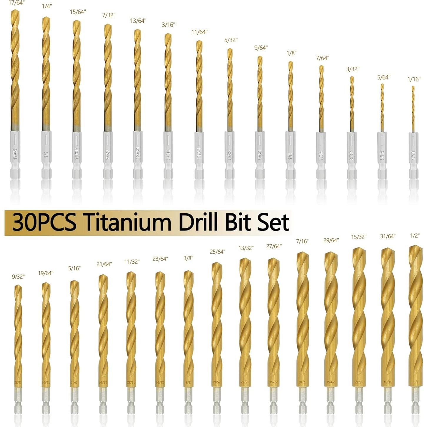 Juego de 30 Brocas de Impacto Titanio GMTOOLS HSS 1.59mm-12.70mm