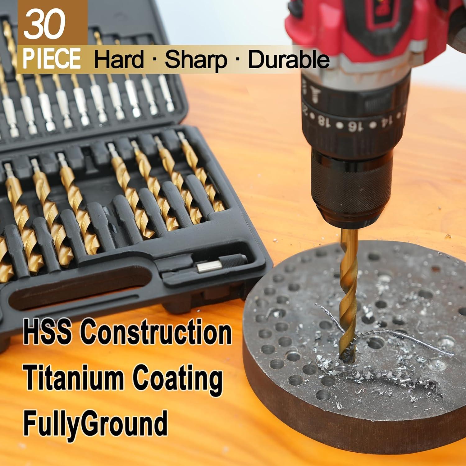 Juego de 30 Brocas de Impacto Titanio GMTOOLS HSS 1.59mm-12.70mm