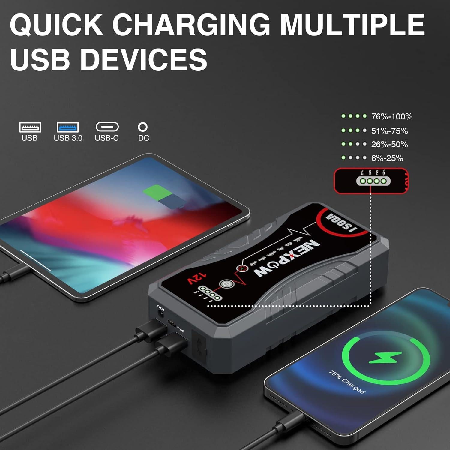 Arrancador de Batería NEXPOW Q10S 1500A 12V con Luz LED