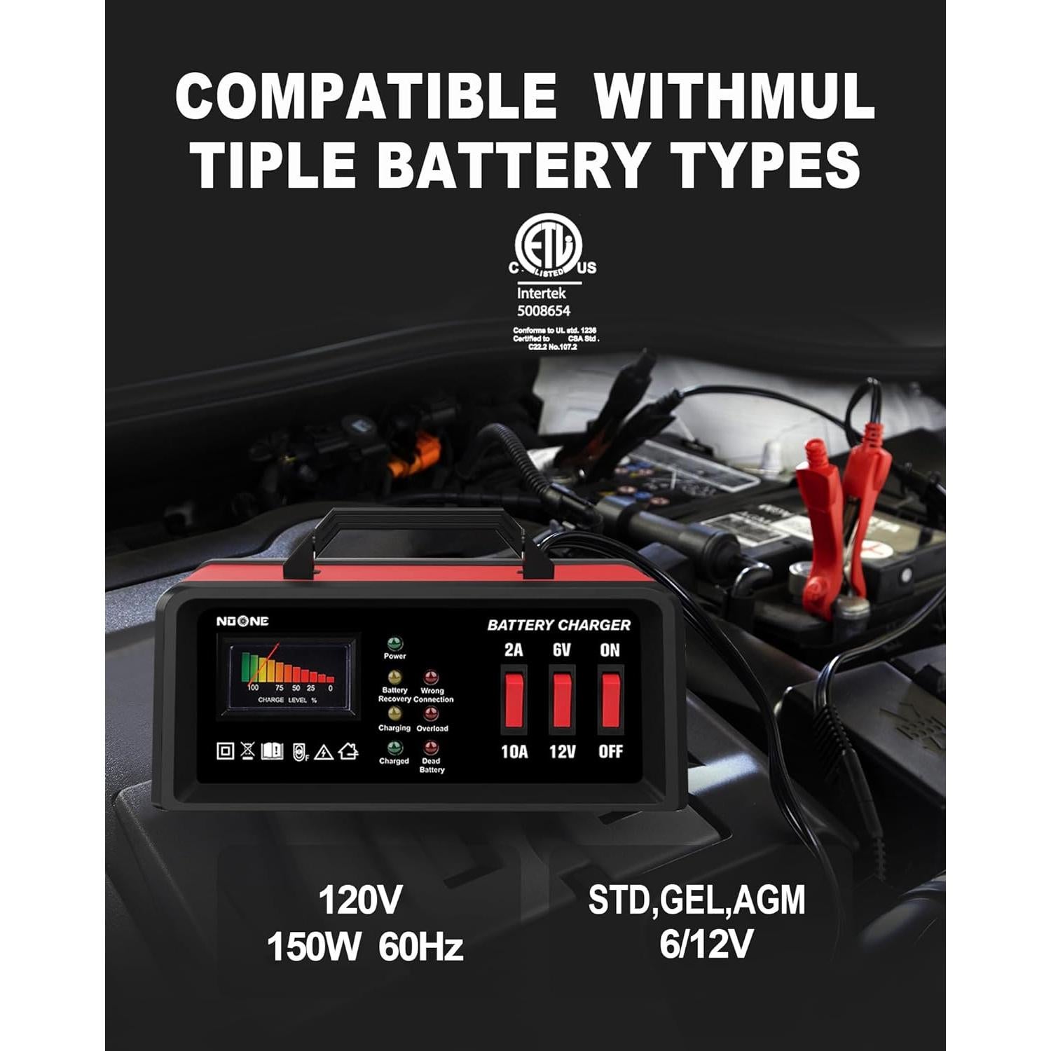 Cargador de Batería NOONE 2A/10A 6V/12V Automotriz