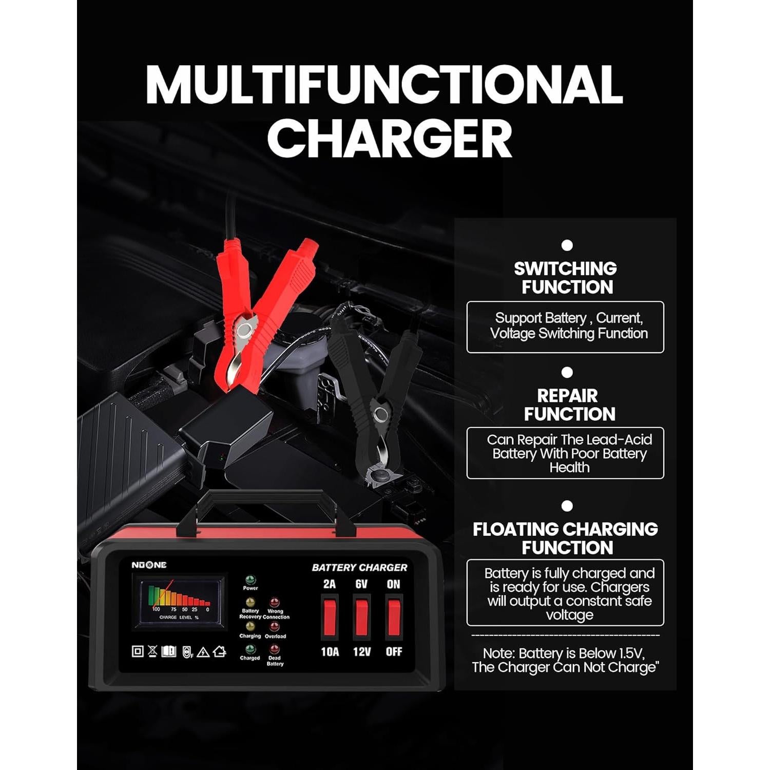 Cargador de Batería NOONE 2A/10A 6V/12V Automotriz