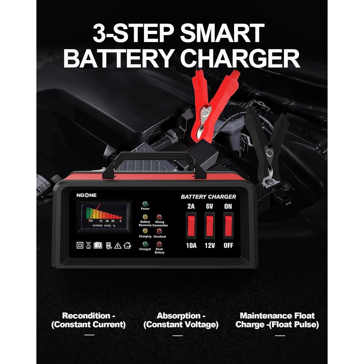 Cargador de Batería NOONE 2A/10A 6V/12V Automotriz