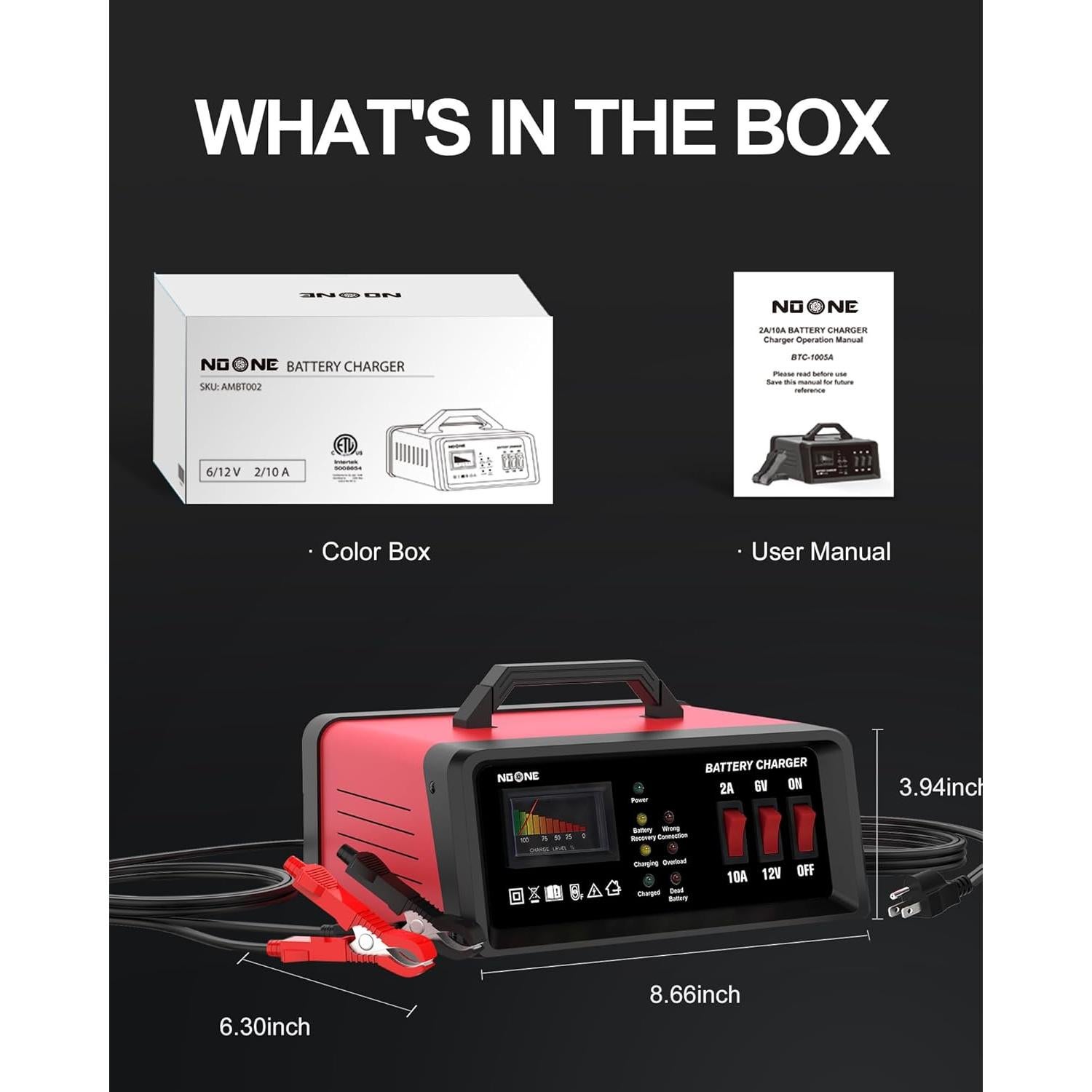 Cargador de Batería NOONE 2A/10A 6V/12V Automotriz