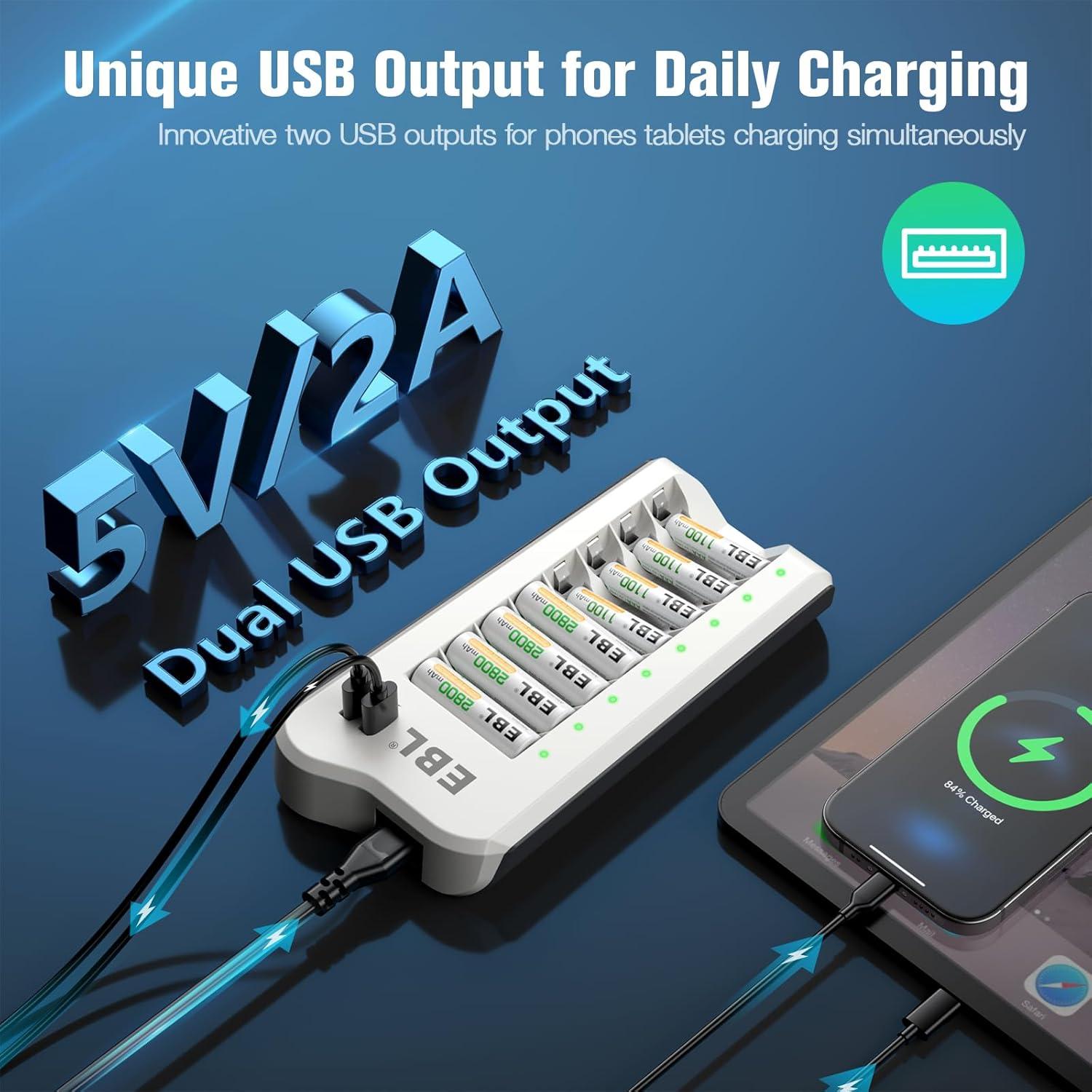 Cargador Inteligente EBL + 4 Baterías AA 2800mAh + 4 AAA