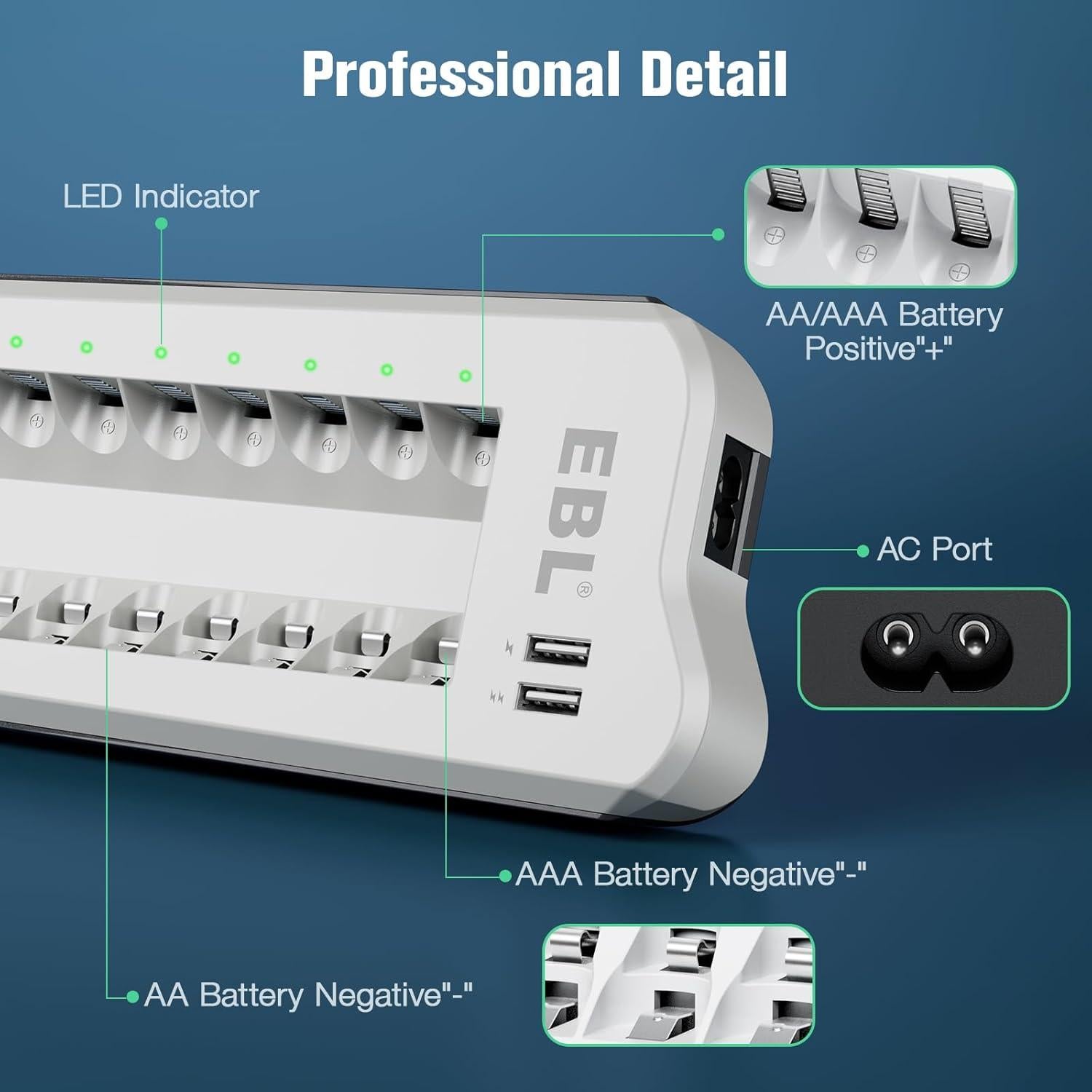 Cargador Inteligente EBL + 4 Baterías AA 2800mAh + 4 AAA