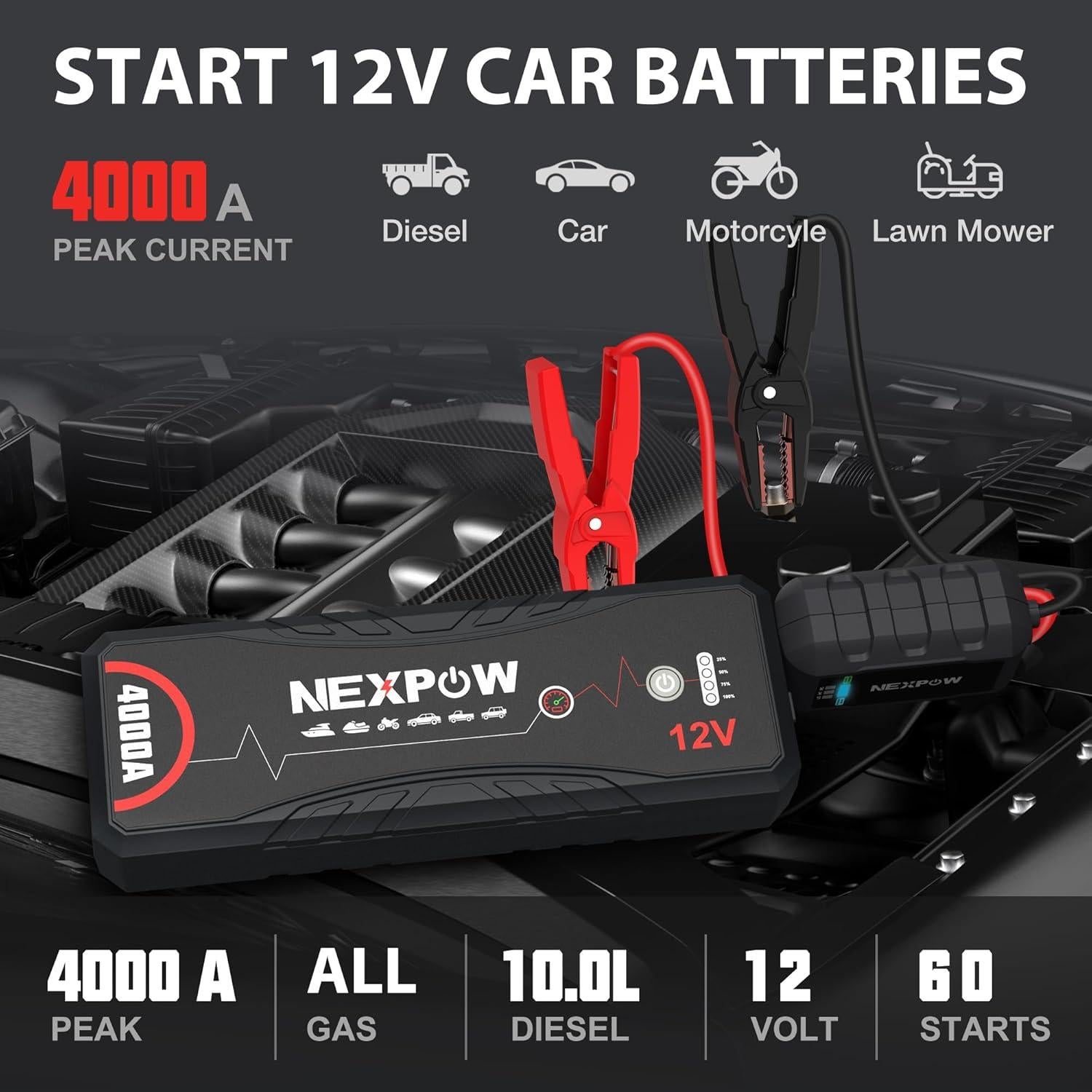 NEXPOW Arrancador de Batería 4000A Q11 12V con USB y Luz LED