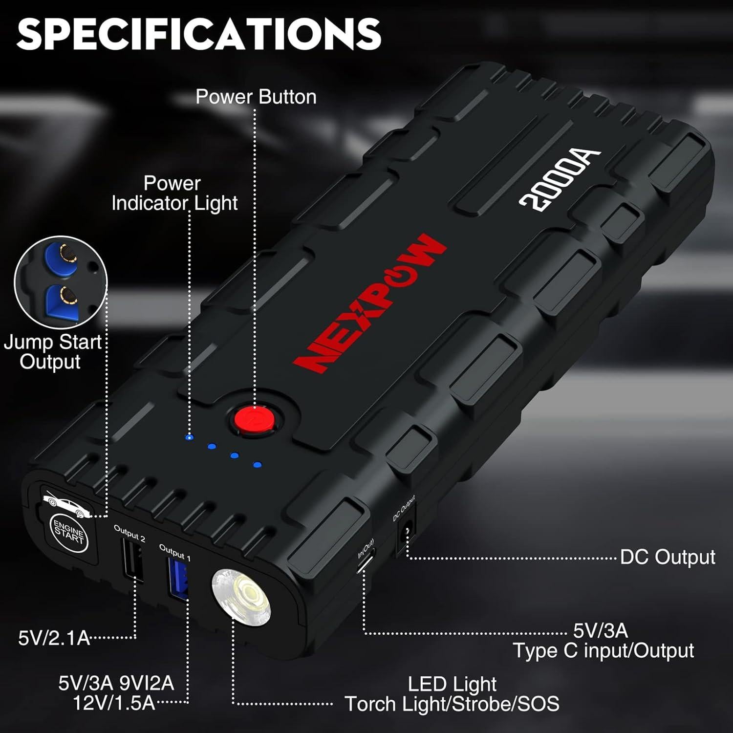 NEXPOW Arrancador de Batería 2000A 12V Portátil con USB