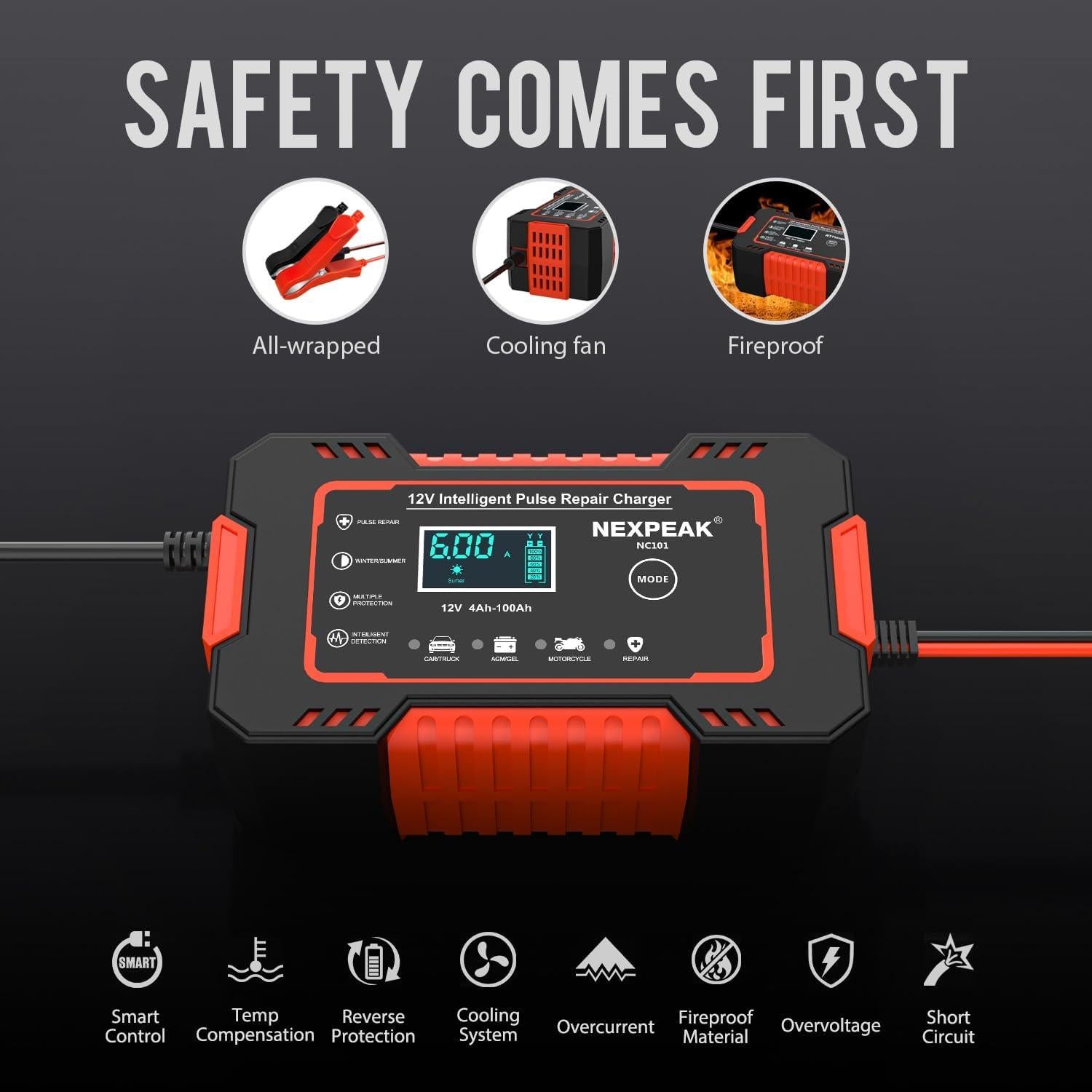 Cargador de Batería NEXPEAK NC101 12V 6A Mantenedor