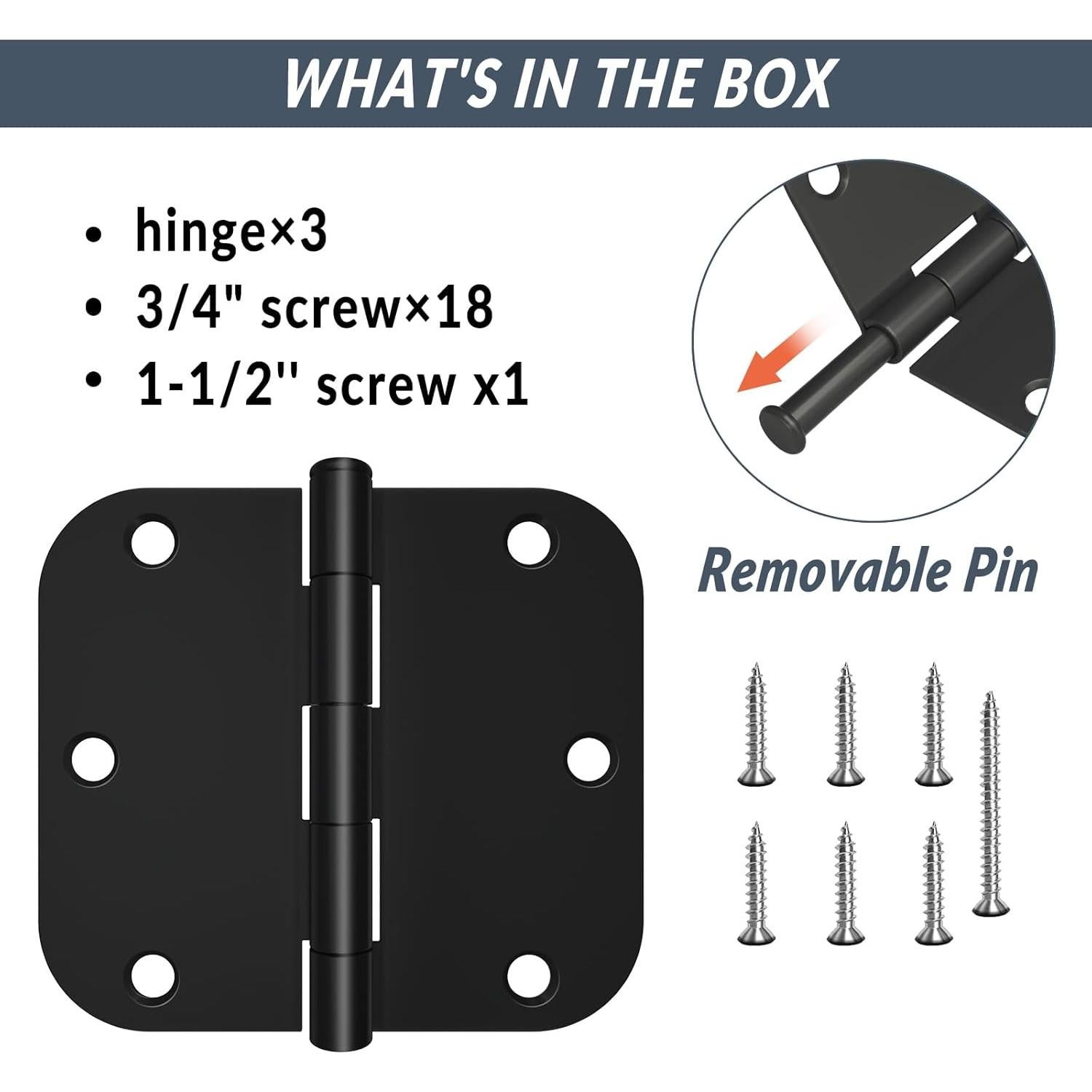 Bisagras de Puerta HOSOM 3.5" x 3.5" Negras Mate 3 Pzas