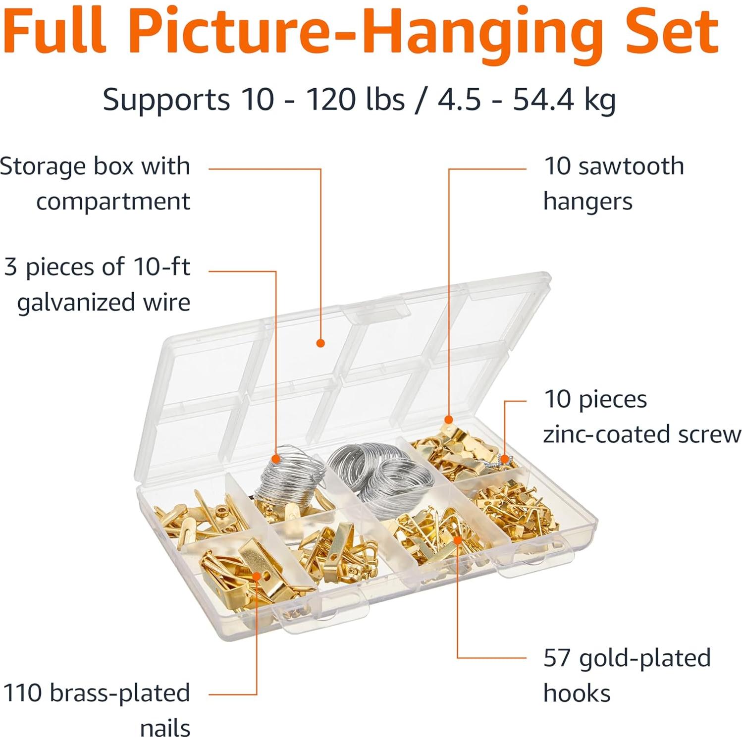 Kit de Colgar Cuadros Amazon Basics 220 Piezas Acero 54.4kg