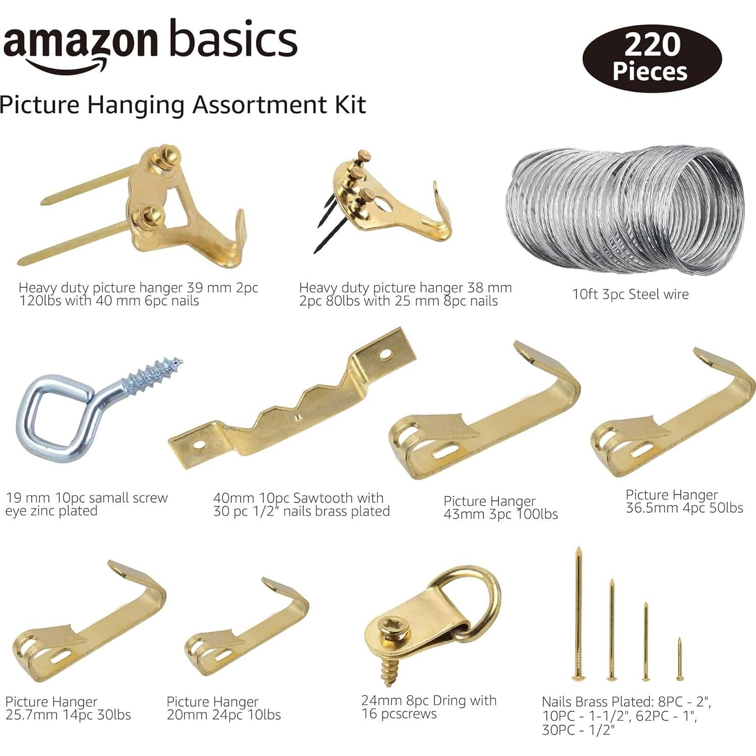 Kit de Colgar Cuadros Amazon Basics 220 Piezas Acero 54.4kg