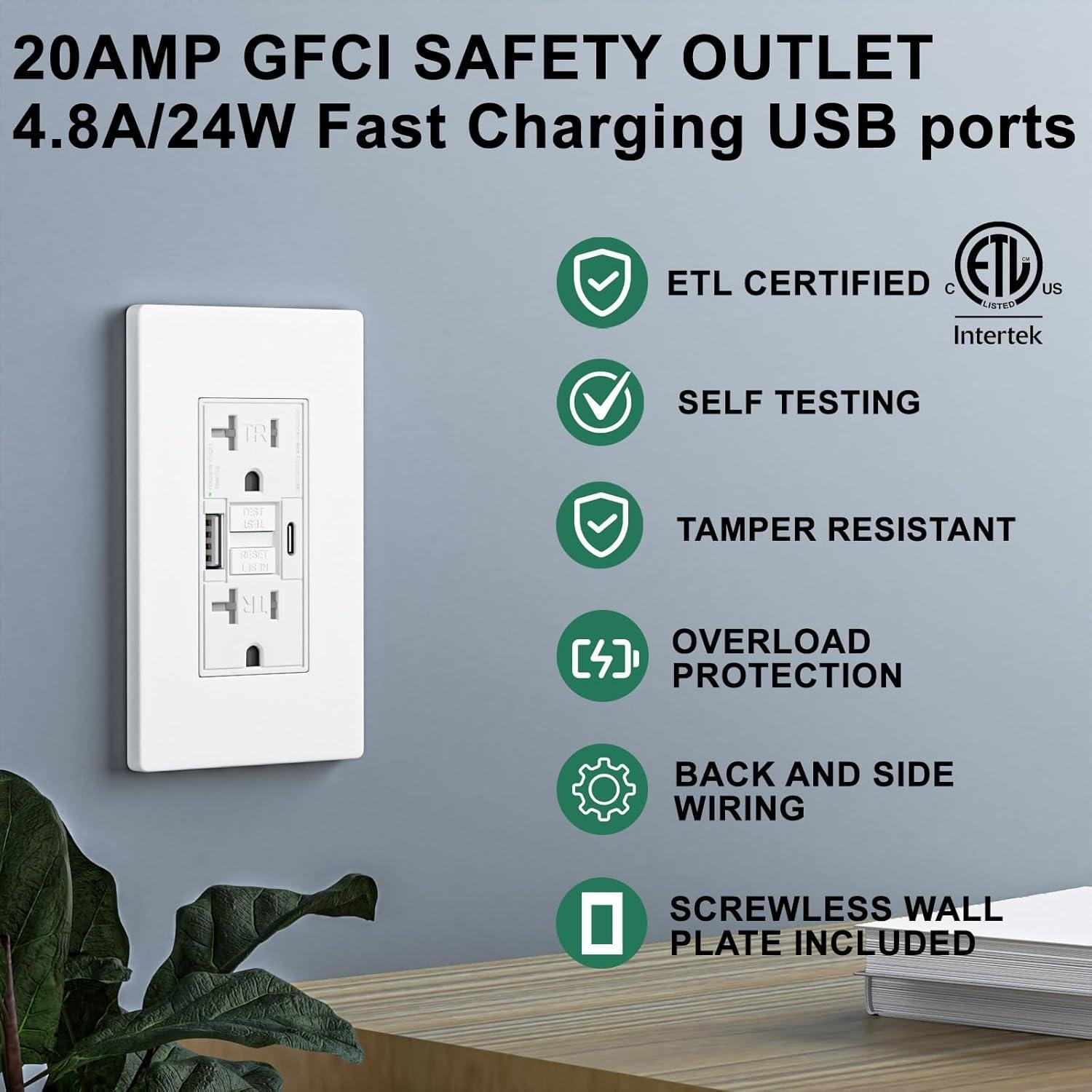 Enchufe GFCI 20A BRILLTECH con 2 Puertos USB 4.8A Blanco
