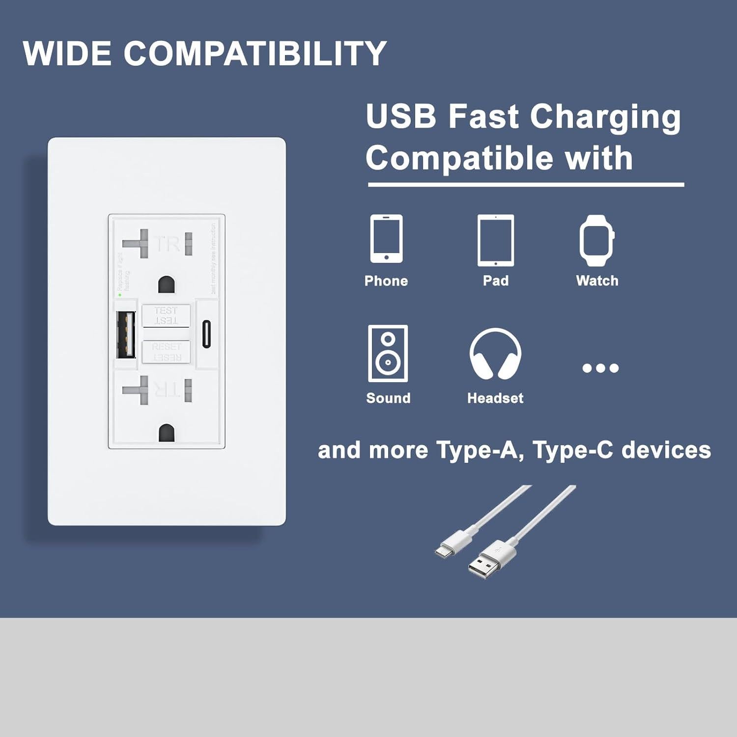 Enchufe GFCI 20A BRILLTECH con 2 Puertos USB 4.8A Blanco