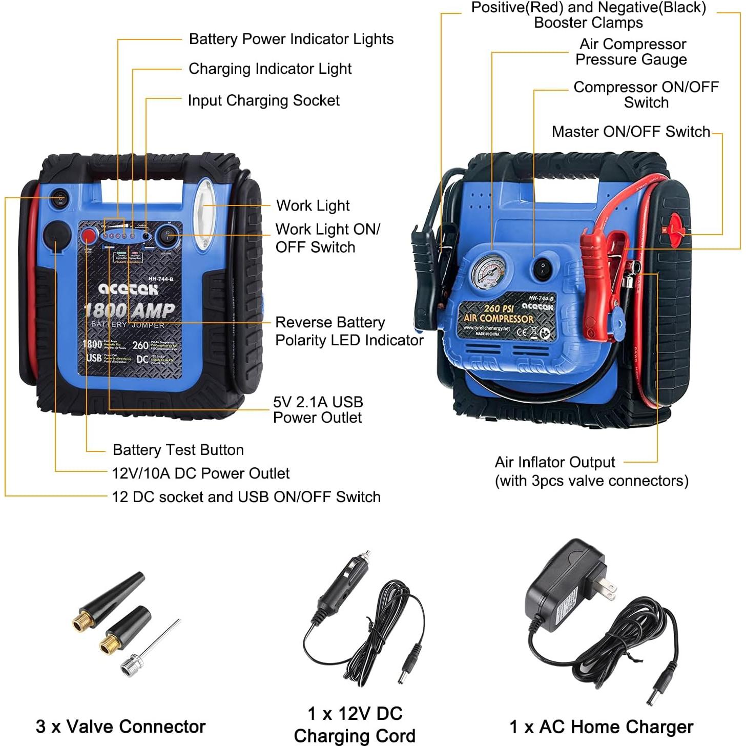 Arrancador de Batería Acetek HH-744-B 1800A con Compresor