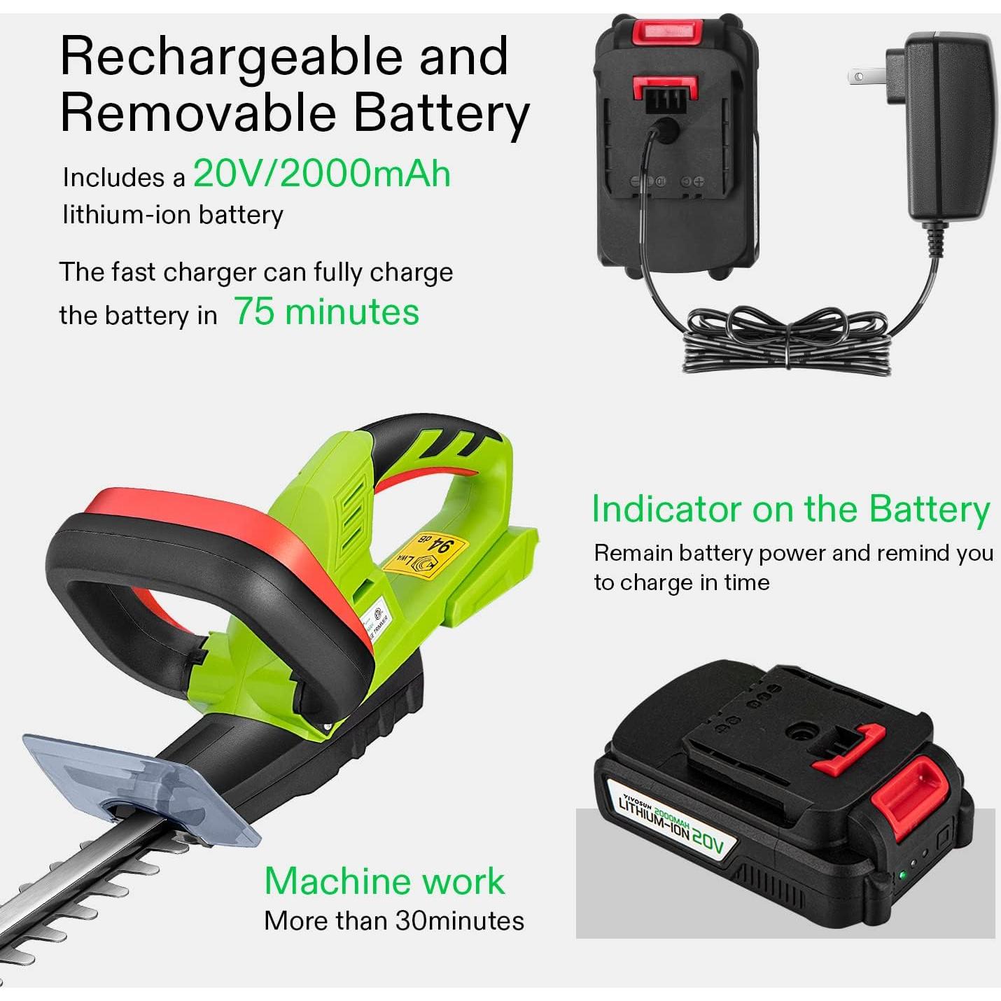 Cortadora de Setos Inalámbrica VIVOSUN 20" 20V 1400 RPM