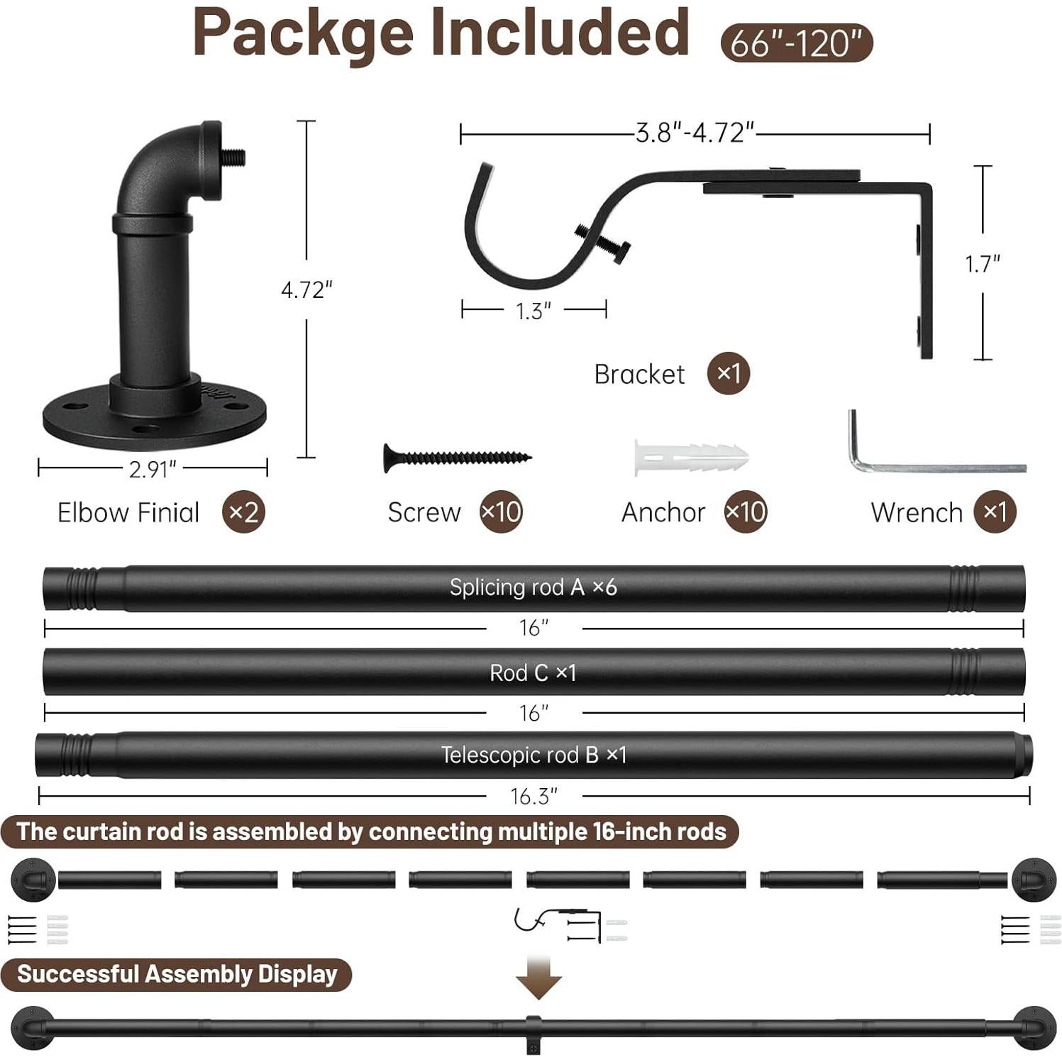 Barra de Cortina Ajustable Zeerobee Negra 66-120 cm Industrial