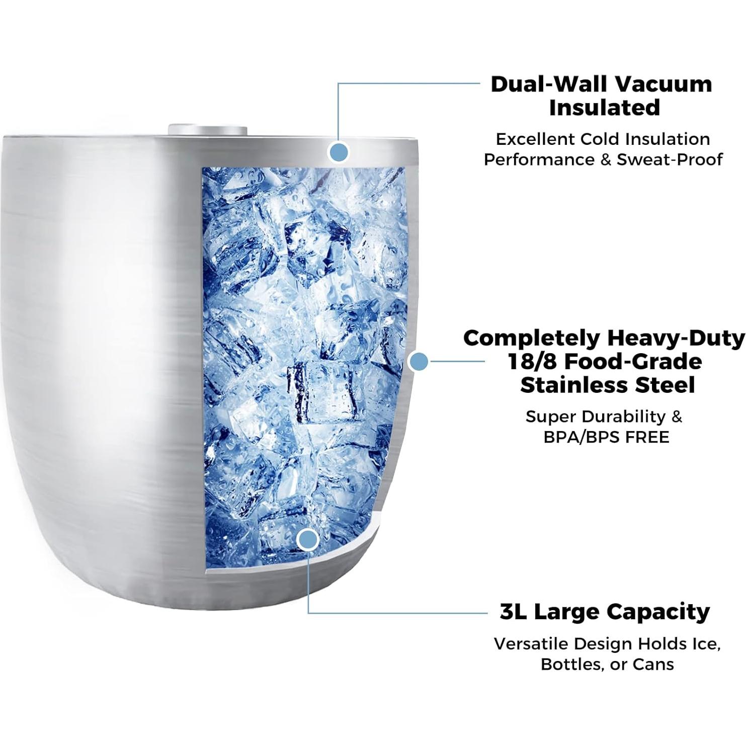 Cubo de Hielo Aislado Tiken 3L Acero Inoxidable con Tapa y Pinzas