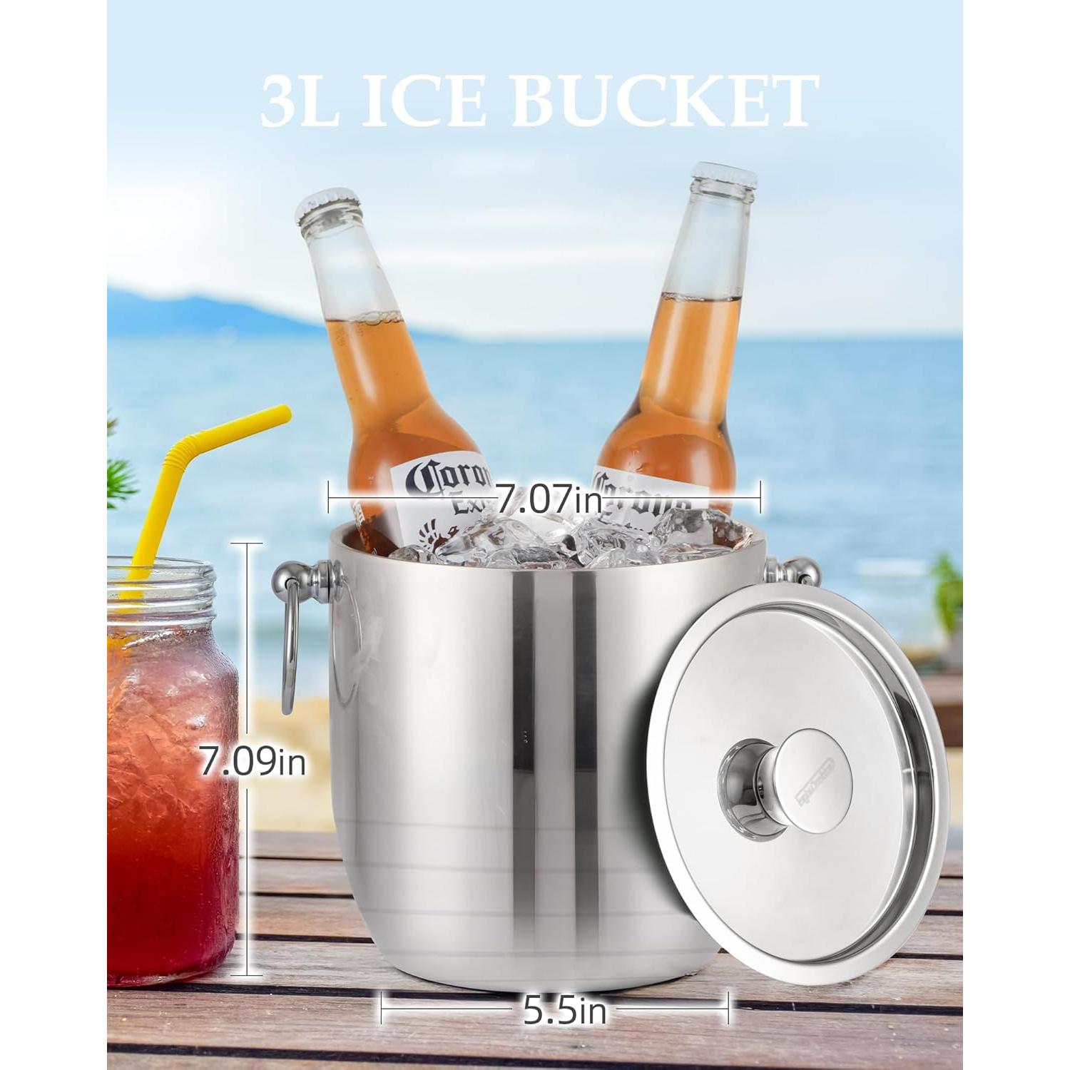 Cubo de Hielo Aislado 3L Golden Cudgel con Tapa y Pinzas