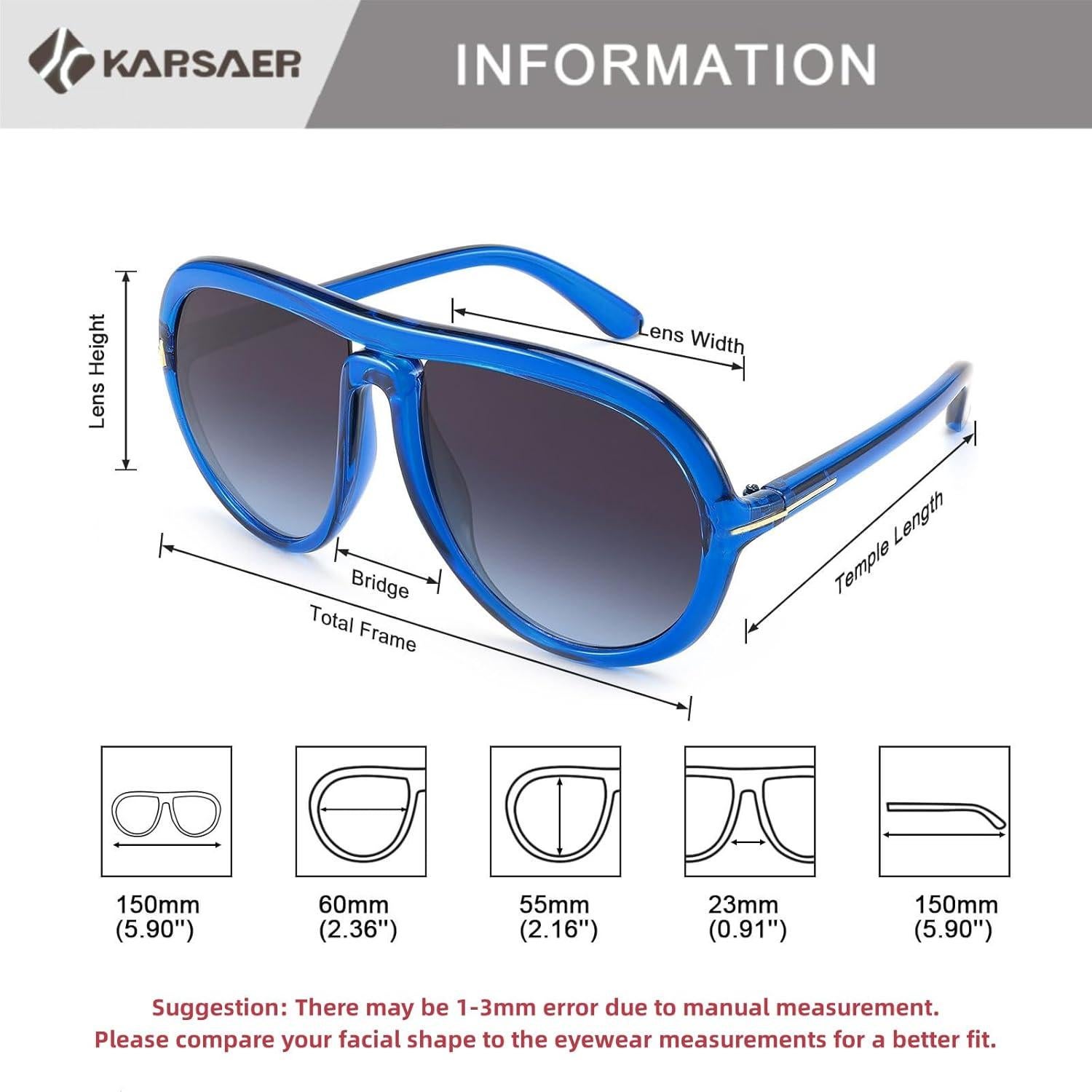 Gafas de sol aviador Karsaer unisex 60mm protección UV