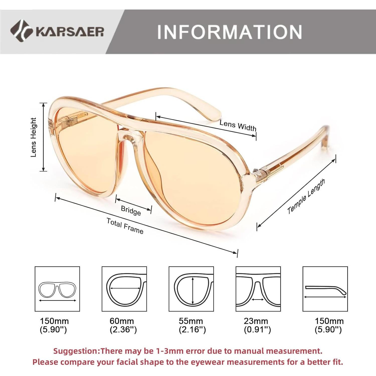 Gafas de sol aviador Karsaer unisex 60mm protección UV
