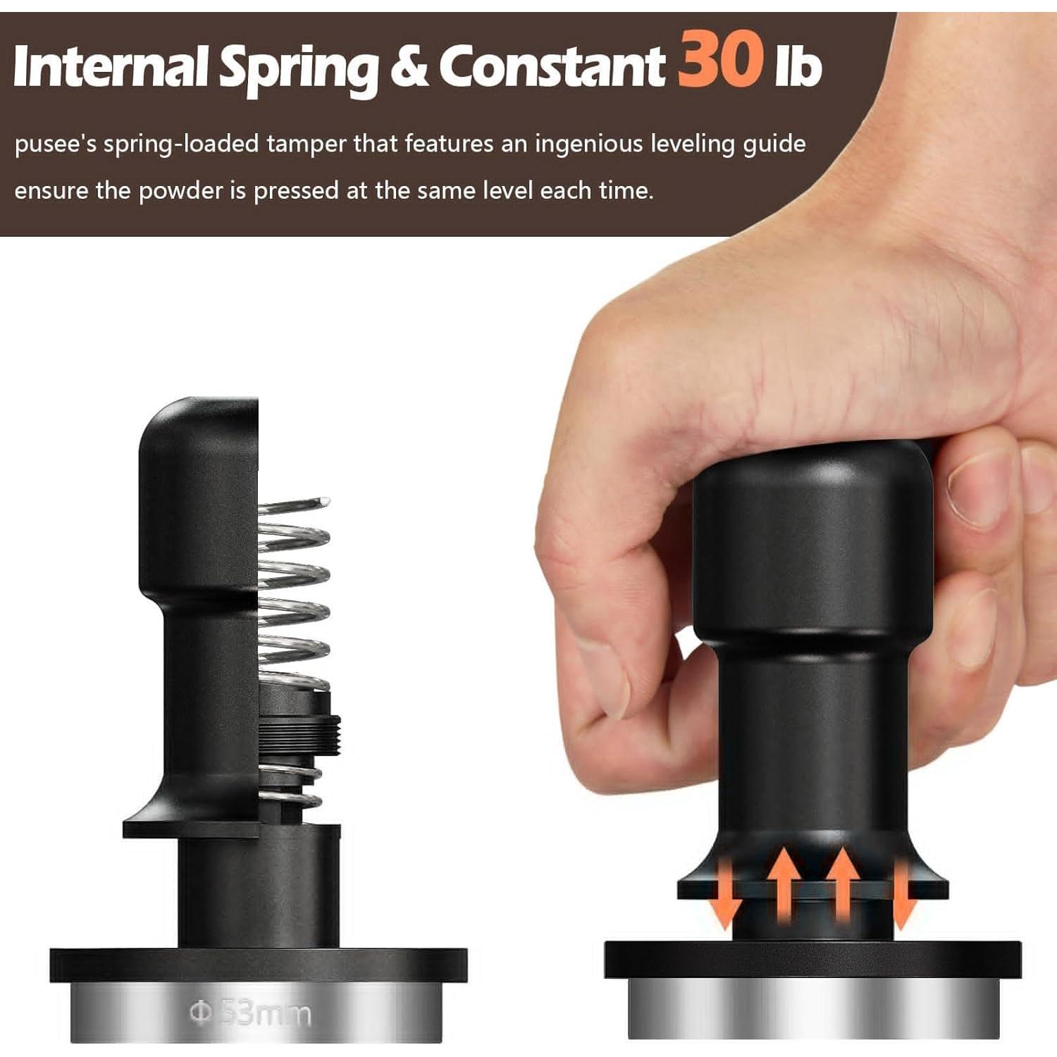 Prensa de Espresso PUSEE 53mm Acero Inoxidable Calibrada 30lb