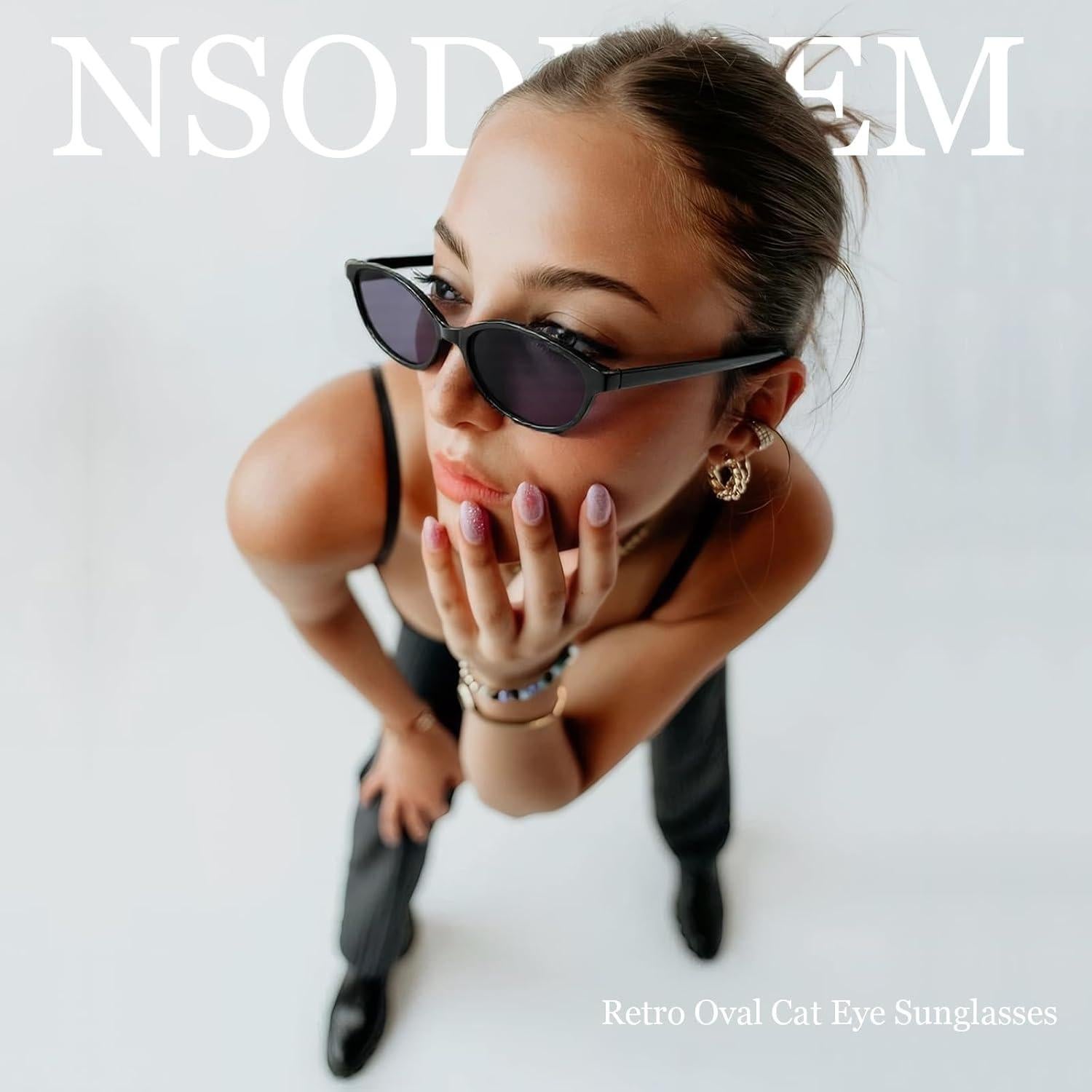 Oval Sunglasses for Women Retro Cat Eye 90s y2k Trendy Thin Sunglasses Womens UV Protection