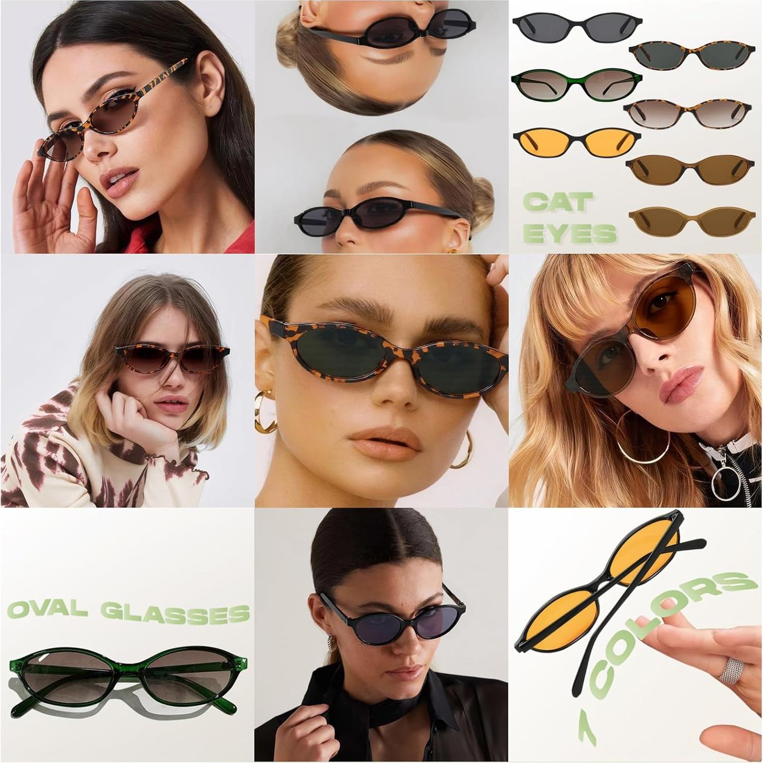 Oval Sunglasses for Women Retro Cat Eye 90s y2k Trendy Thin Sunglasses Womens UV Protection