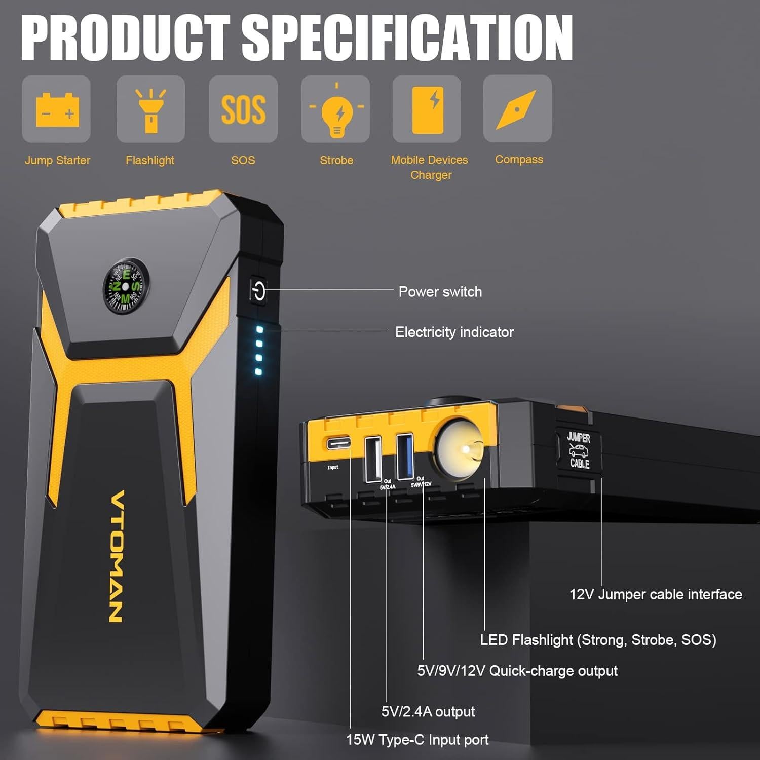 VTOMAN V6 Pro Arrancador de Batería 2000A 12V Portátil