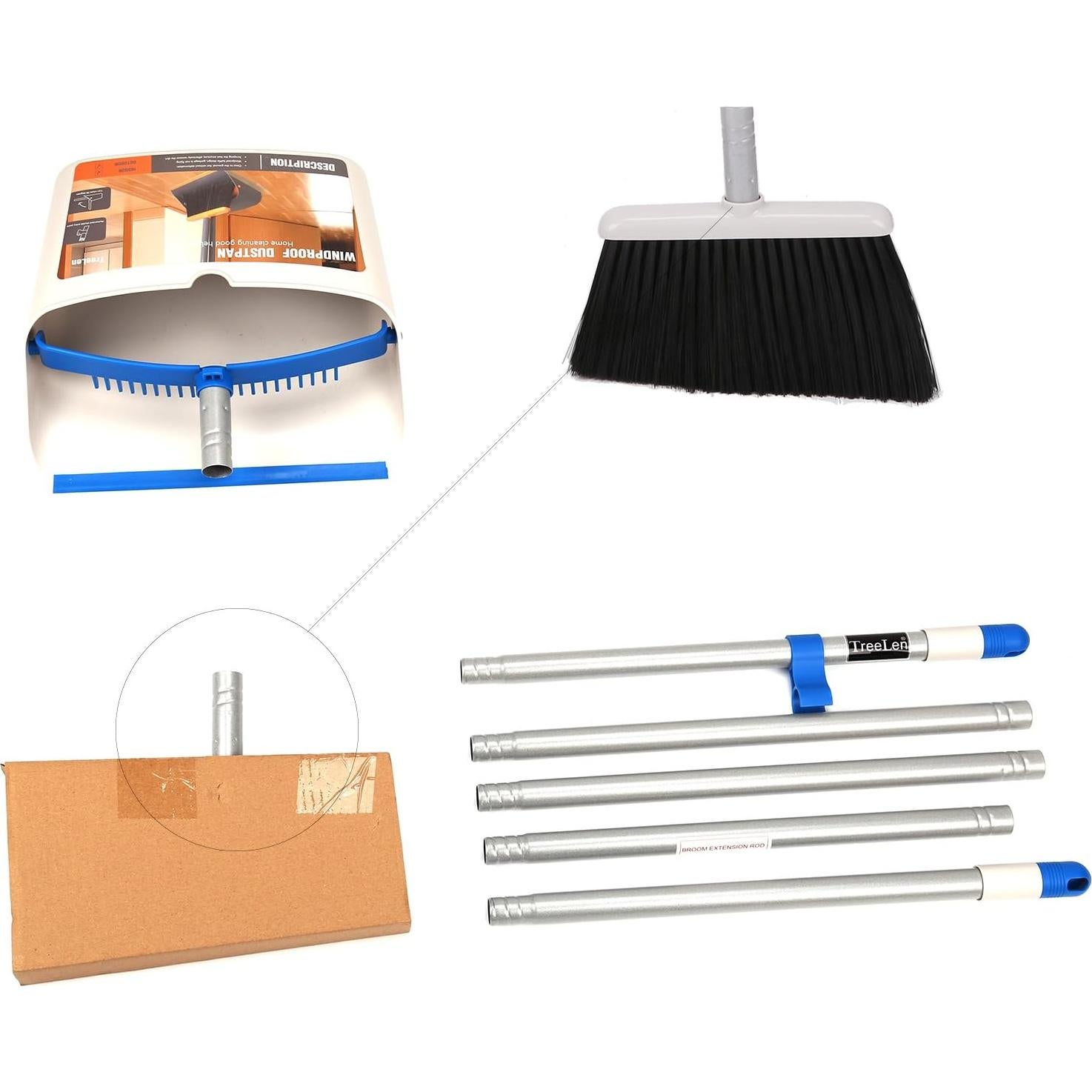 Escoba y Recogedor Largo TreeLen, 132 cm, Azul, Sin Doblarse