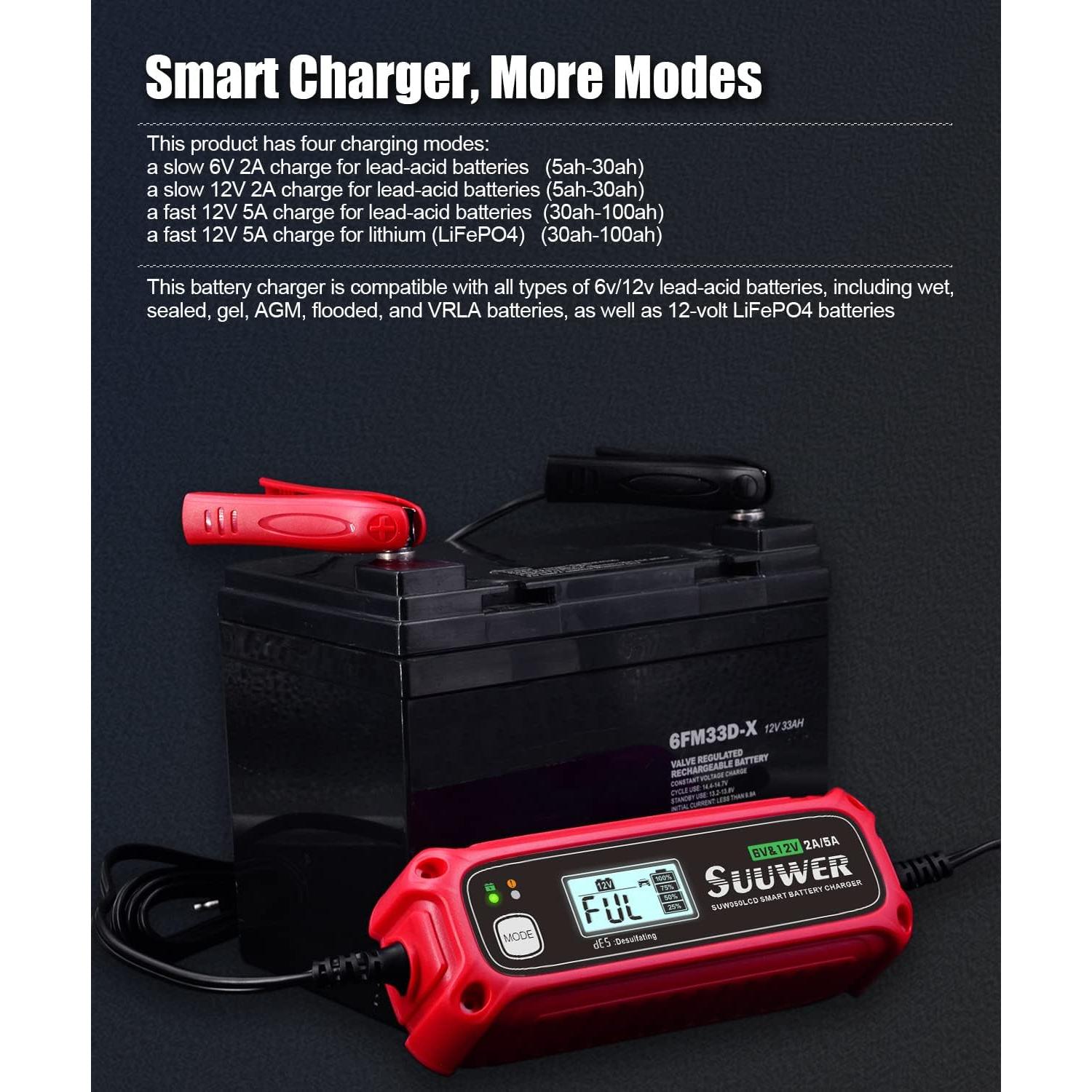 Cargador de batería Suuwer SUW050LCD 6V/12V 5A inteligente