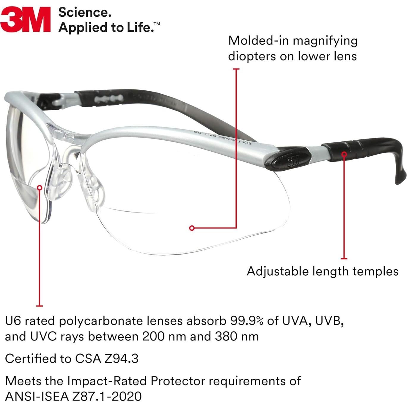 3M Safety Glasses with Readers, BX, +2.5, 1 Pair, ANSI Z87, Anti-Fog Anti-Scratch Clear Lens, Silver Frame, Adjustable Length Temples and Lens Angle