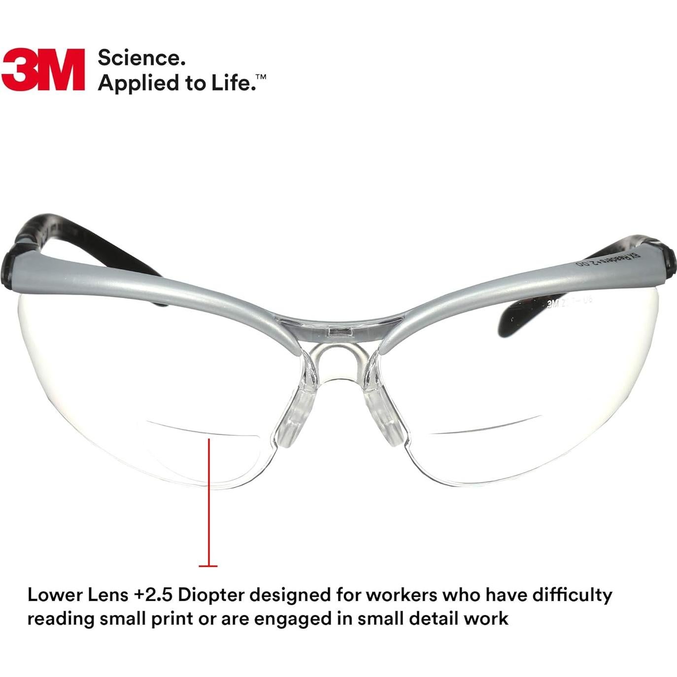 3M Safety Glasses with Readers, BX, +2.5, 1 Pair, ANSI Z87, Anti-Fog Anti-Scratch Clear Lens, Silver Frame, Adjustable Length Temples and Lens Angle