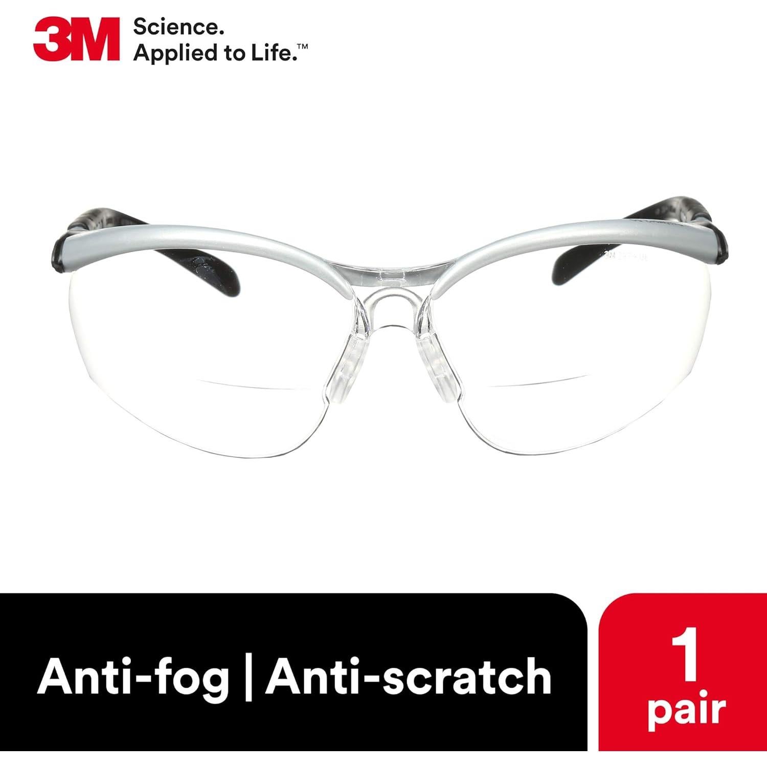 3M Safety Glasses with Readers, BX, +2.5, 1 Pair, ANSI Z87, Anti-Fog Anti-Scratch Clear Lens, Silver Frame, Adjustable Length Temples and Lens Angle