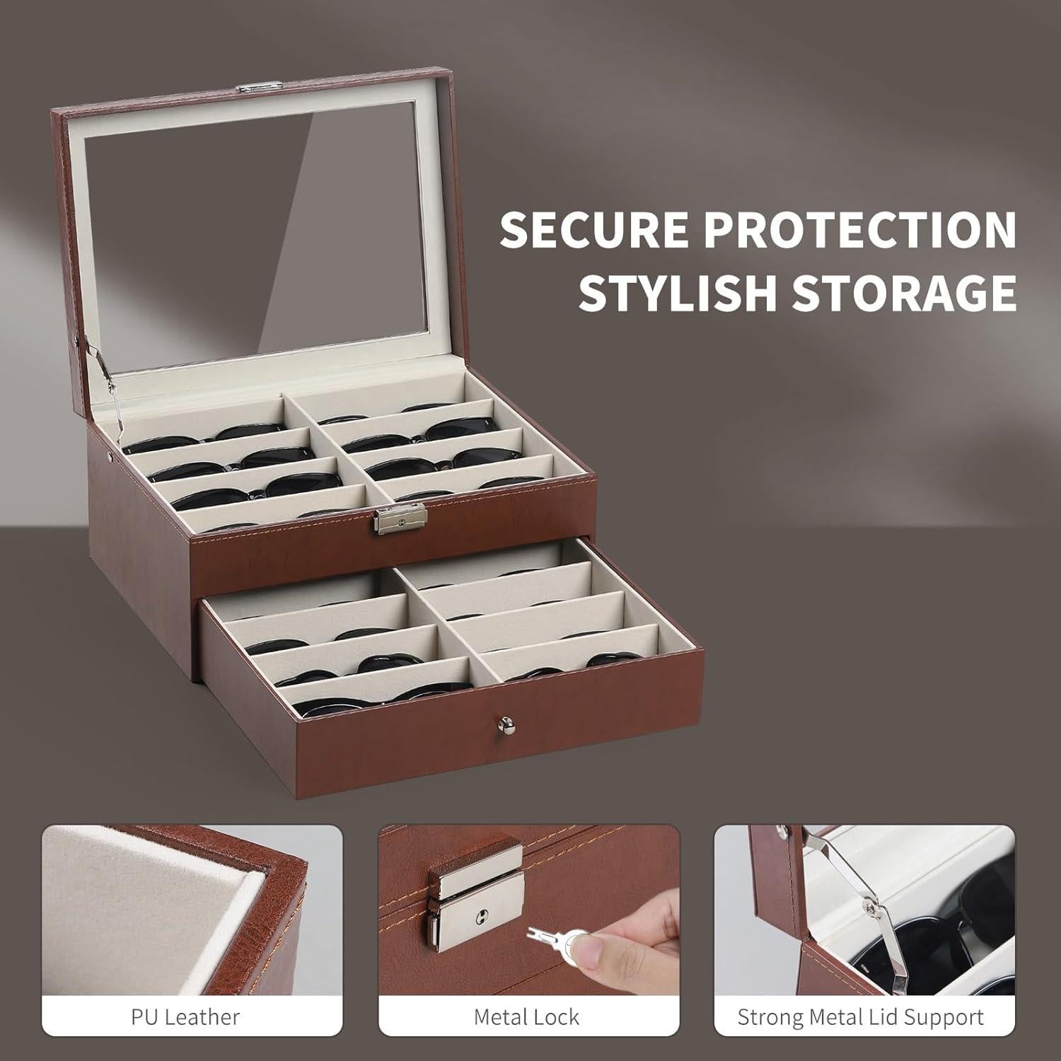 Caja de Almacenamiento de Gafas AUTOARK 16 Compartimentos Marrón