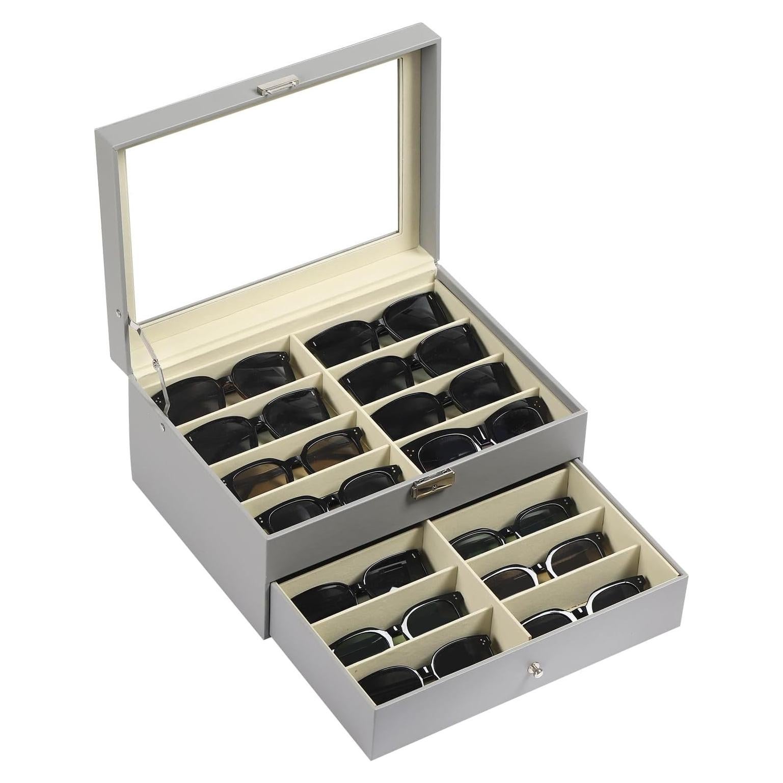 Caja de Almacenamiento AUTOARK para 16 Gafas de Cuero Gris
