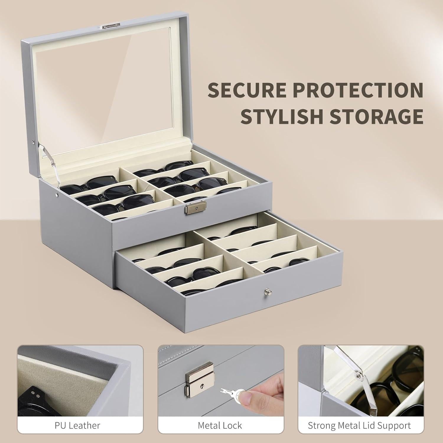 Caja de Almacenamiento AUTOARK para 16 Gafas de Cuero Gris