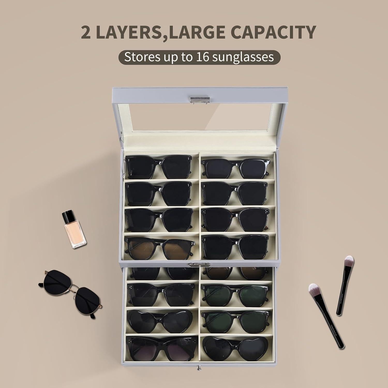 Caja de Almacenamiento AUTOARK para 16 Gafas de Cuero Gris