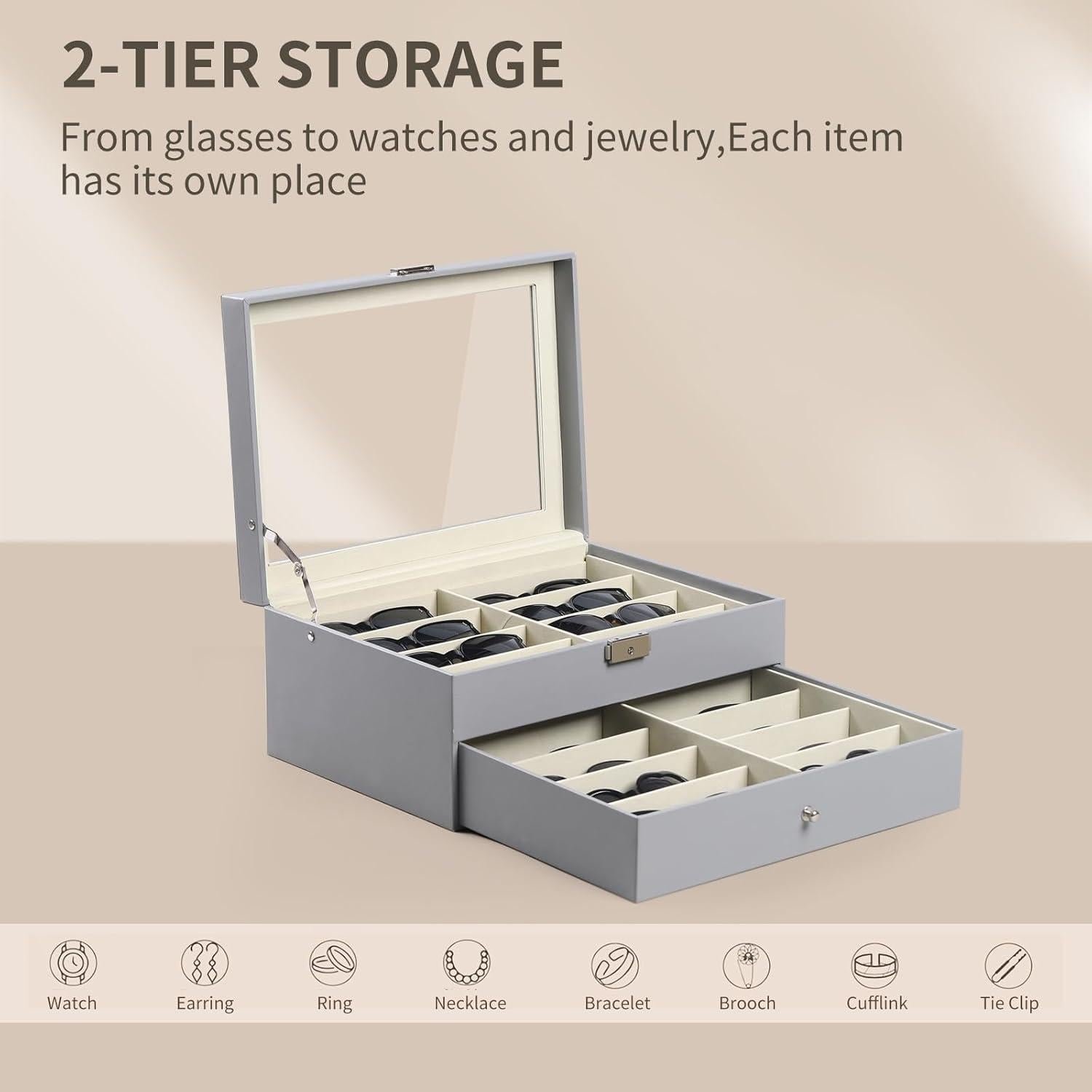 Caja de Almacenamiento AUTOARK para 16 Gafas de Cuero Gris