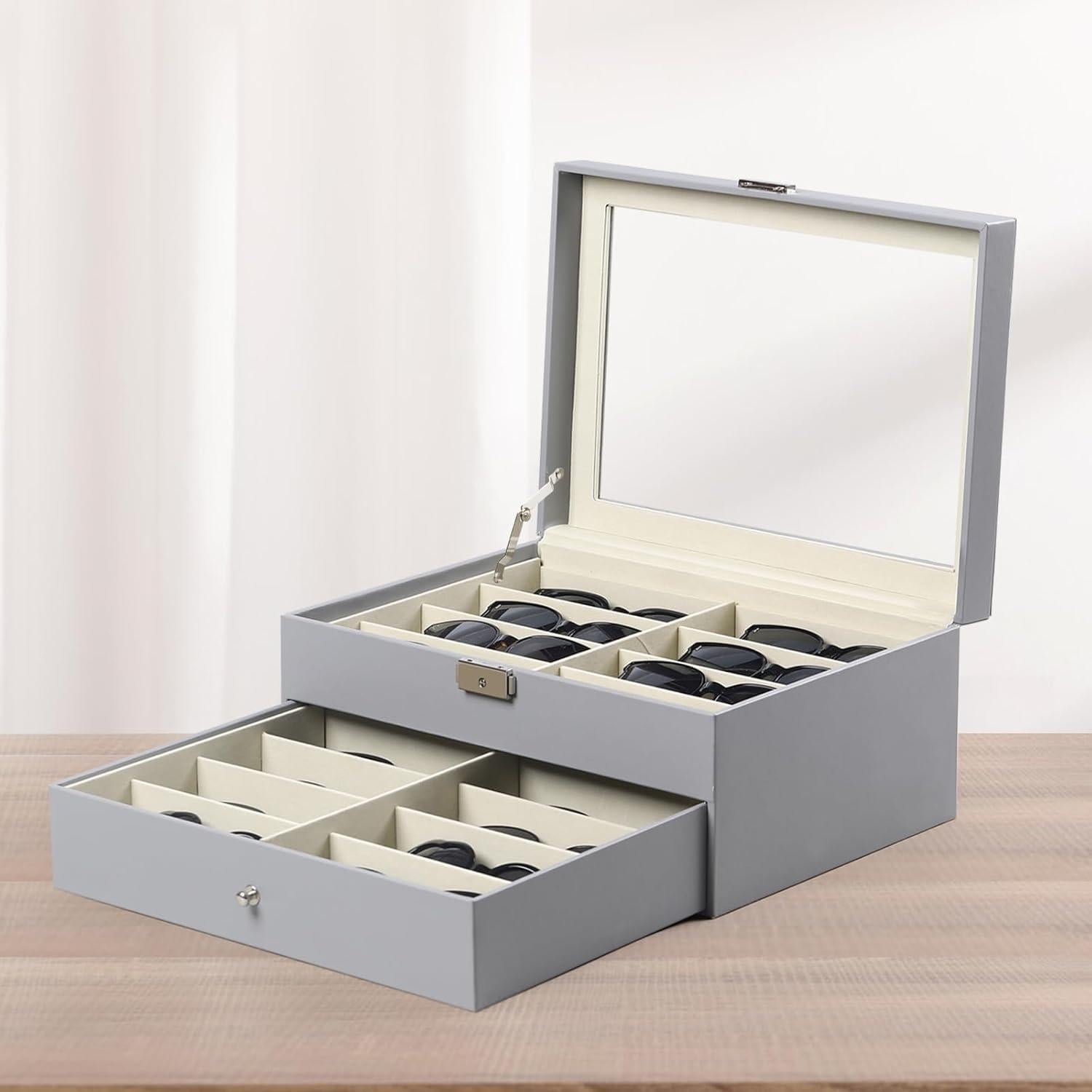 Caja de Almacenamiento AUTOARK para 16 Gafas de Cuero Gris