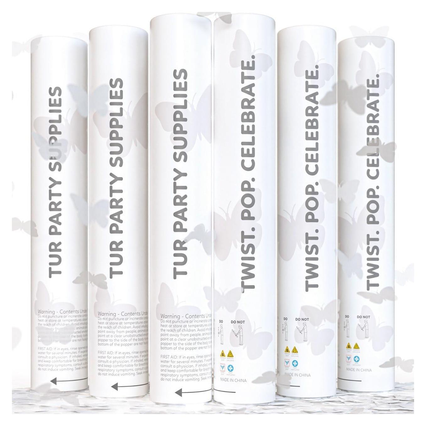 Cañones de Confeti de Mariposa Blancos TUR - Paquete de 6 - 30 cm