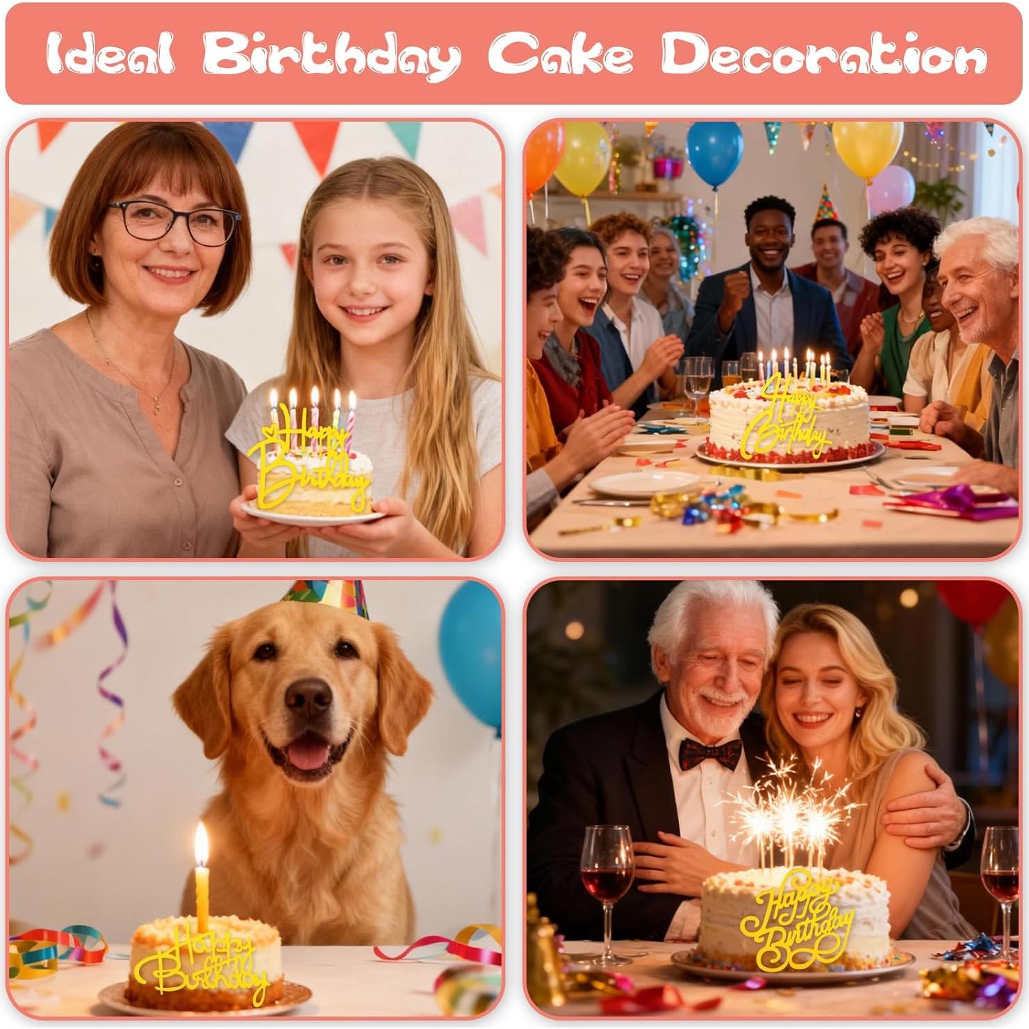 10 Adornos de Pastel de Cumpleaños Feliz Acrílico Dorado