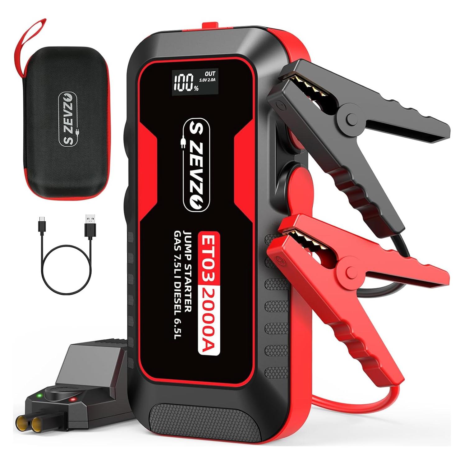Arrancador de Coche S ZEVZO ET03 2000A 12V con USB y LED