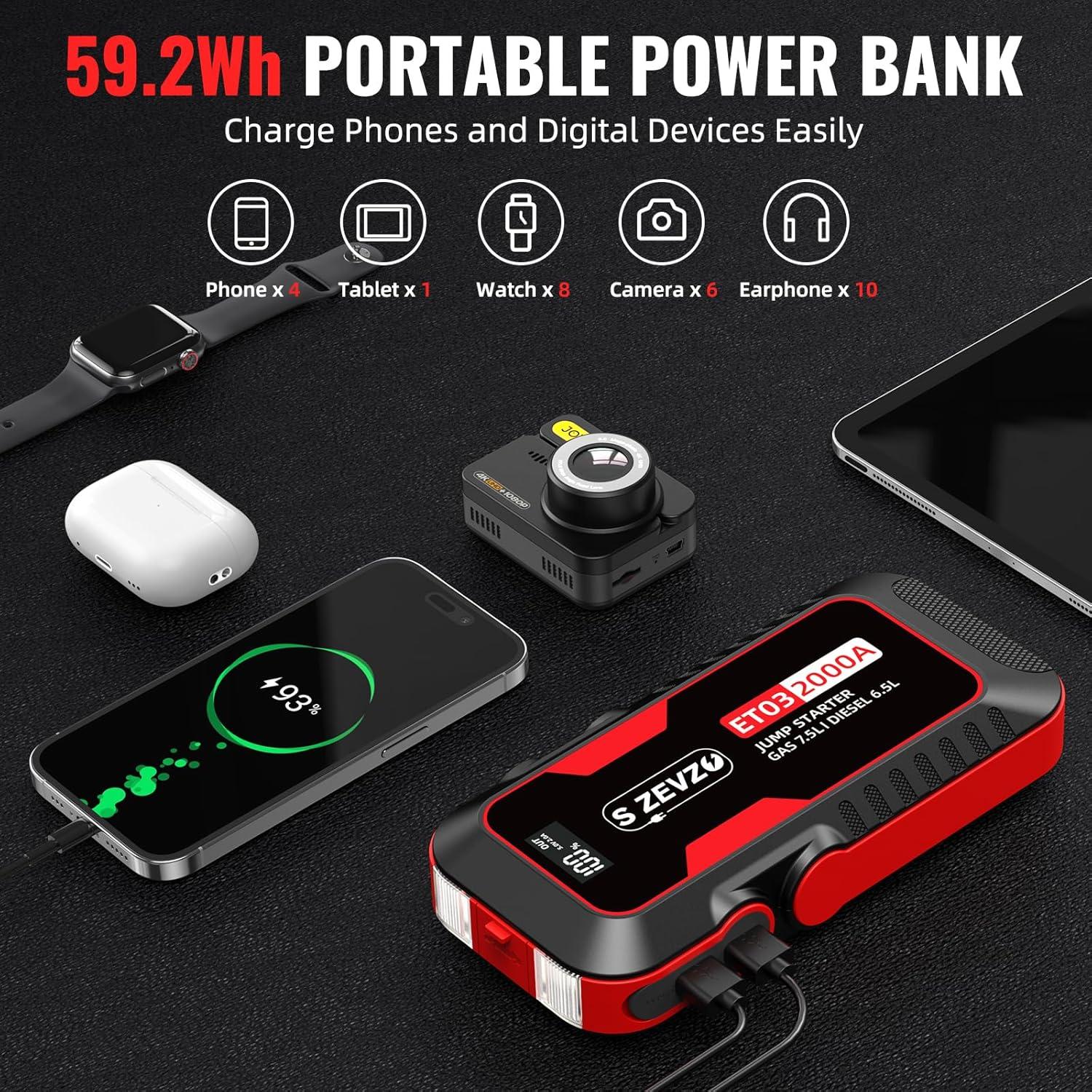 Arrancador de Coche S ZEVZO ET03 2000A 12V con USB y LED