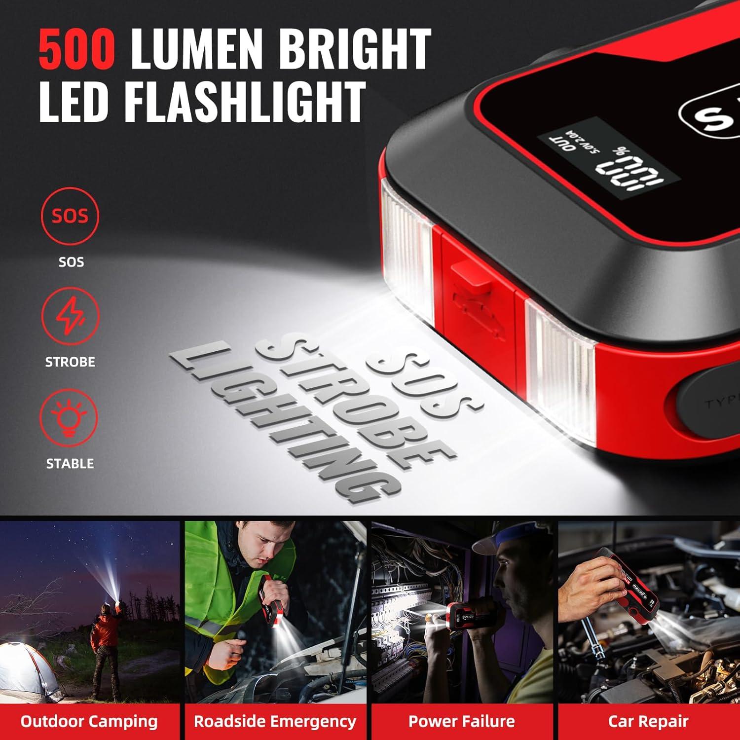 Arrancador de Coche S ZEVZO ET03 2000A 12V con USB y LED