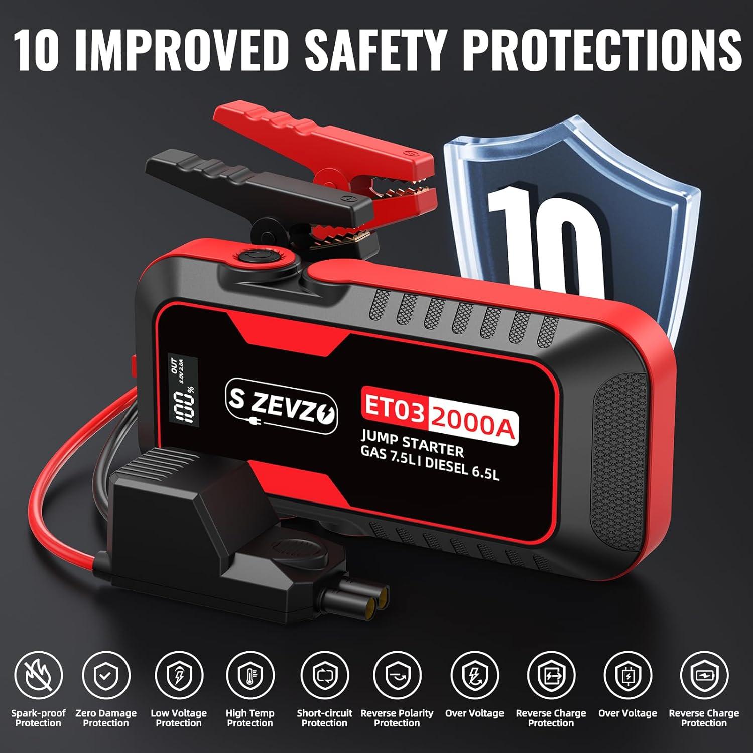 Arrancador de Coche S ZEVZO ET03 2000A 12V con USB y LED