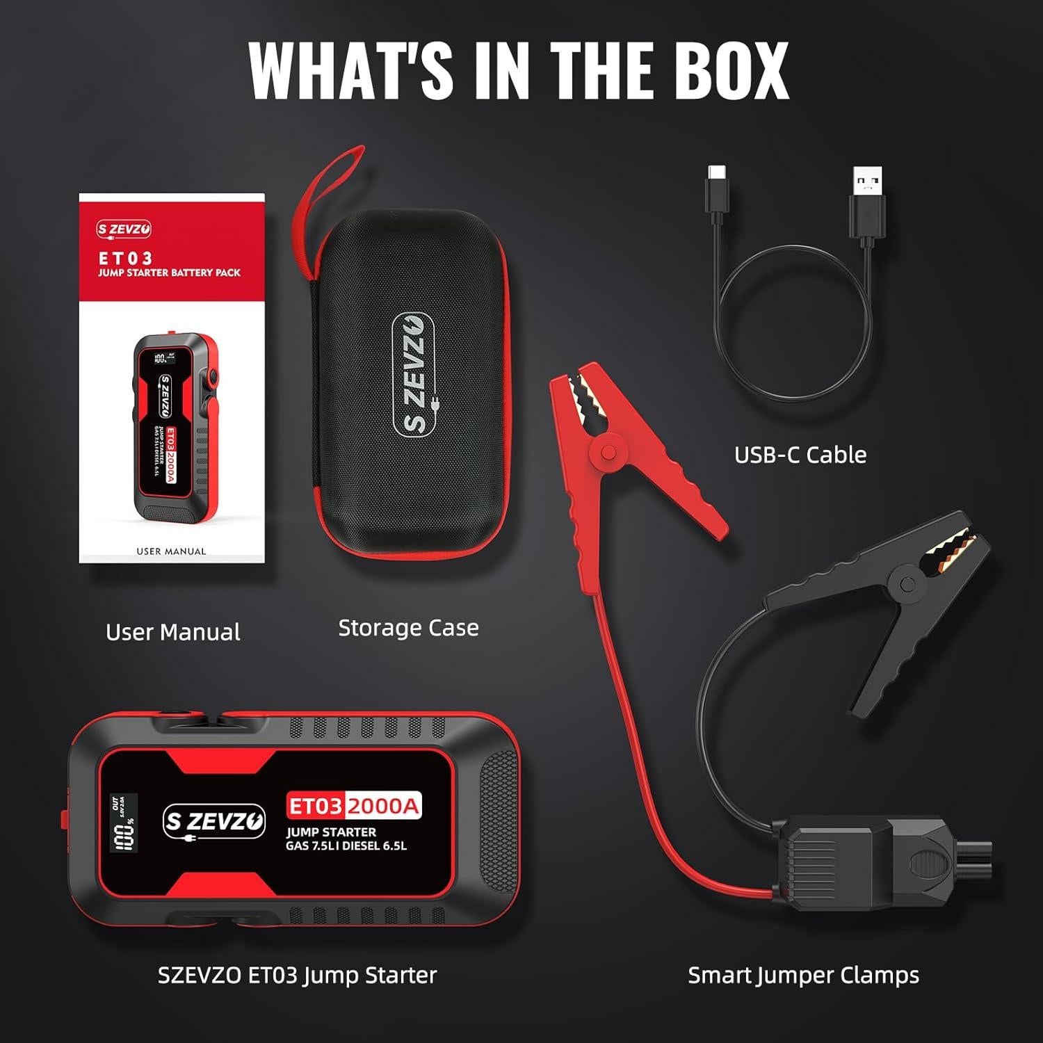 Arrancador de Coche S ZEVZO ET03 2000A 12V con USB y LED